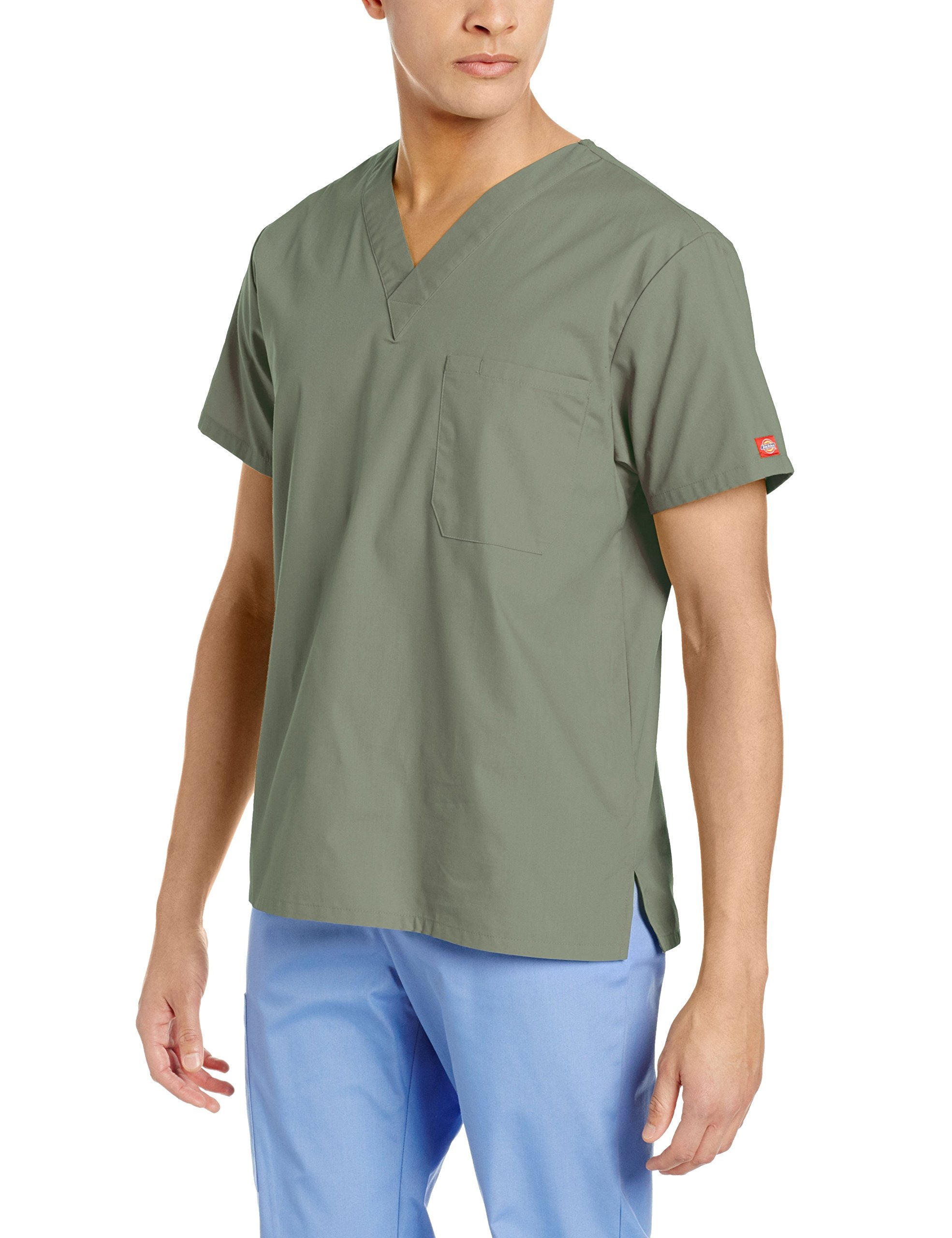 Dickies Mens Signature V-Neck Scrubs Shirt, Olive, Medium