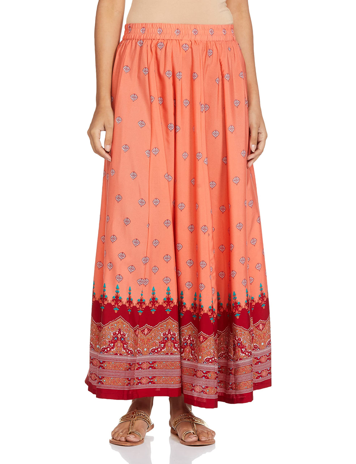 Aurelia Womens Rayon Blend Orange Print Maxi Skirt (17Auk60060-62729 L)