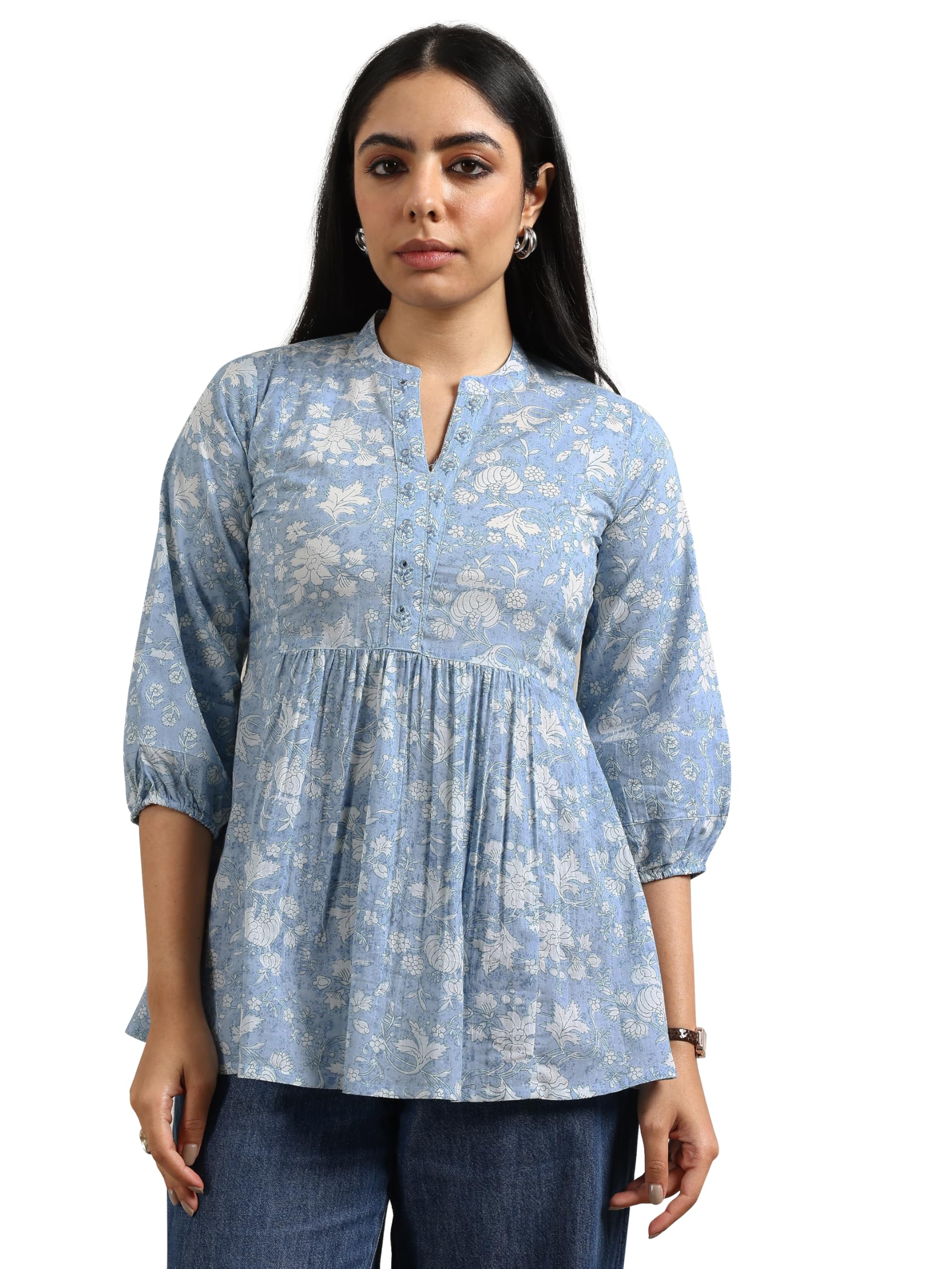 Libas WomenS Cotton Floral Anarkali Kurti (98003O Blue