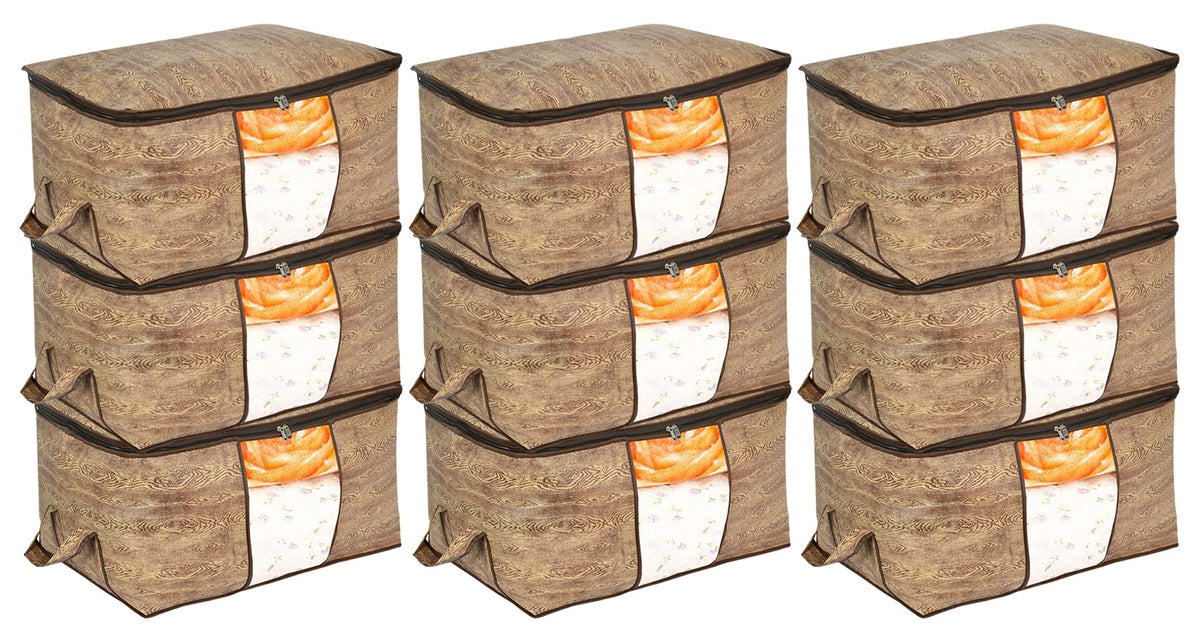 Kuber Industries Wooden Print Foldable Clothes Storage Bag Wardrobe Organizer Non Woven Fabric For Comforters,Blankets,Bedding W 9