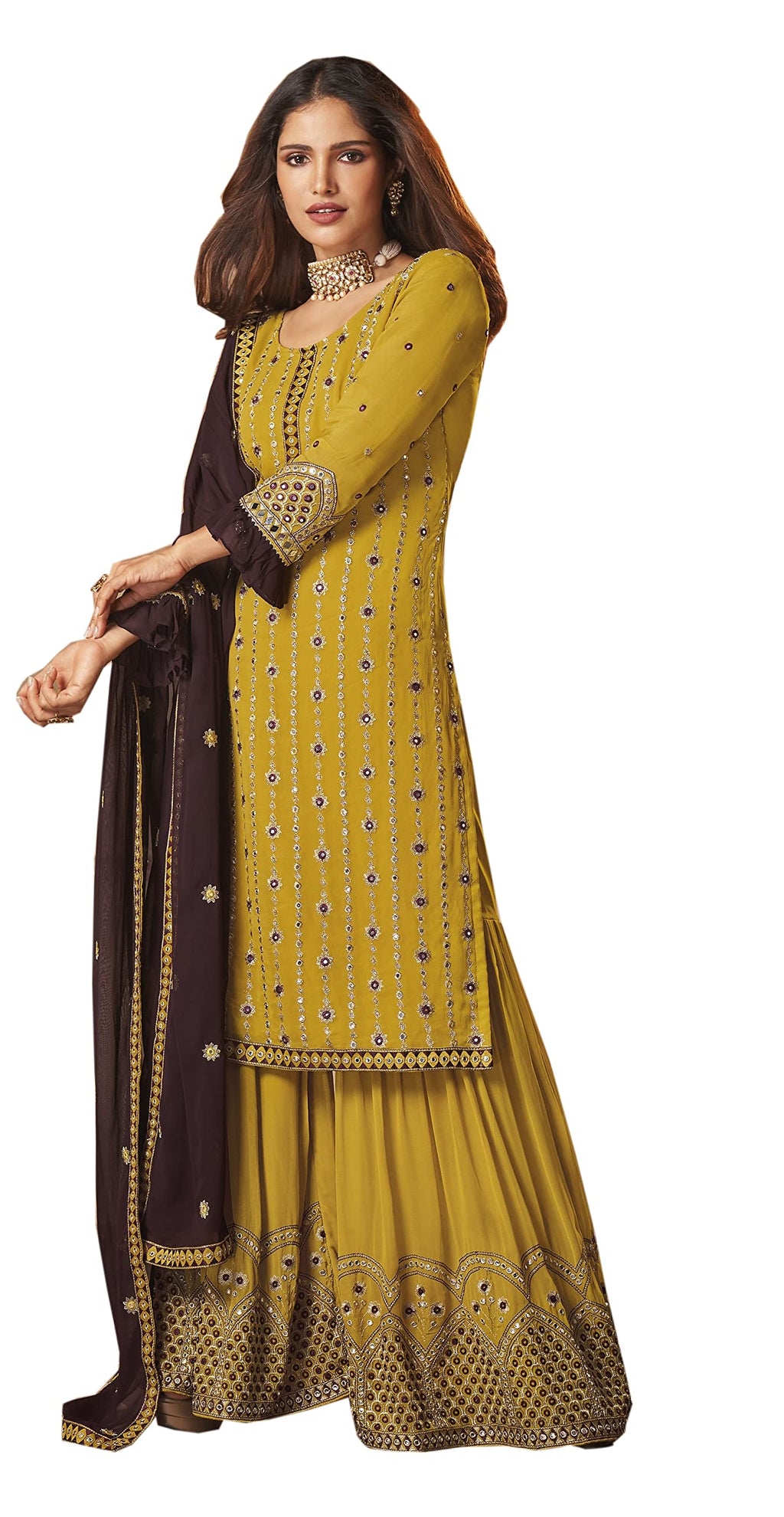 Fashion Basket Women'S Georgette Yellow Kurta With Sharara And Dupatta Set