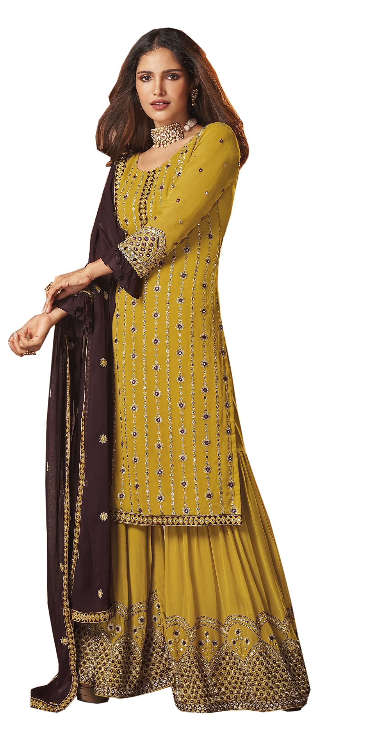 Fashion Basket Women'S Georgette Yellow Kurta With Sharara And Dupatta Set
