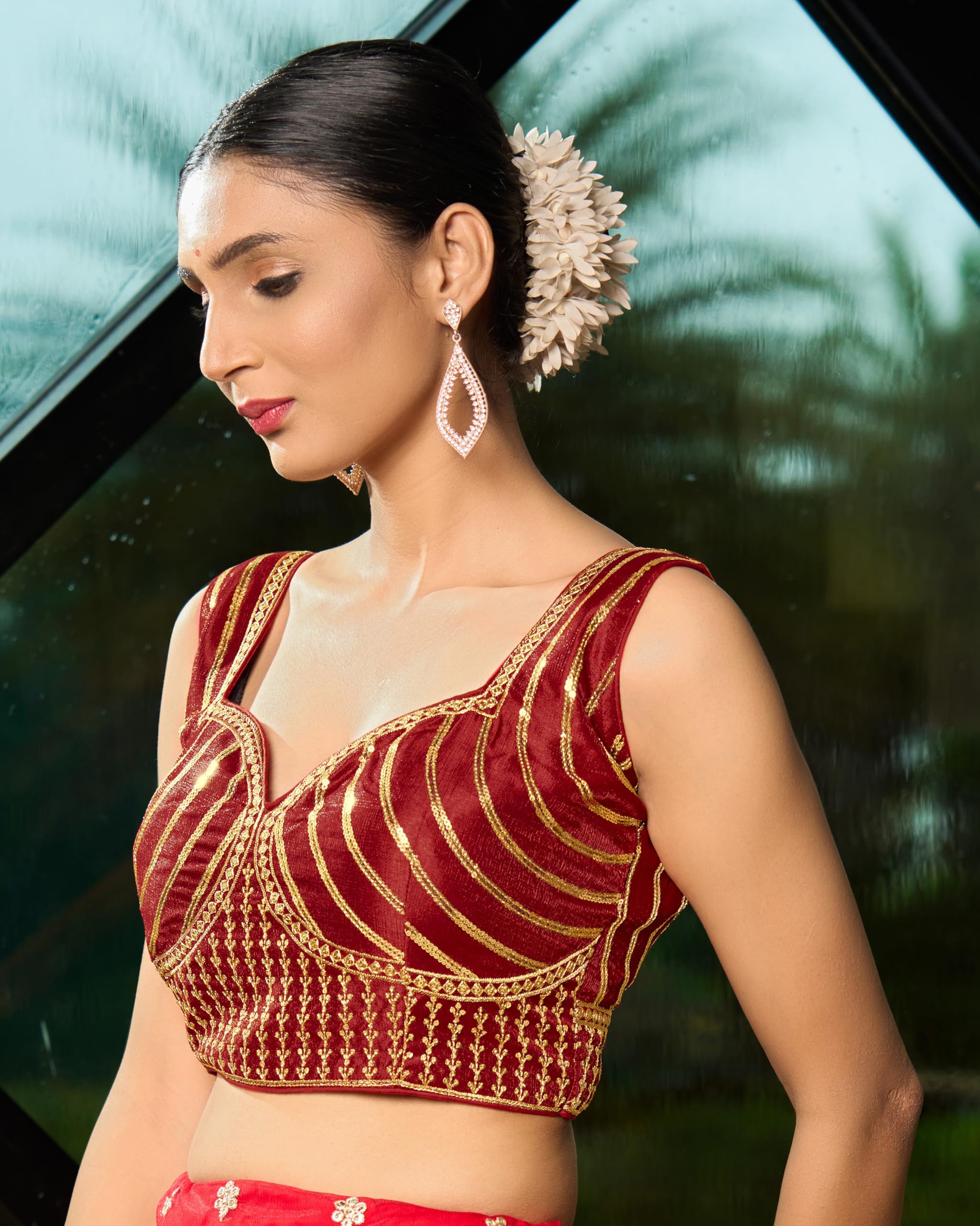 Pujia Mills WomenS Readymade Blouse Embroidery Multi Coding Gold Thread Indian Ethnic Designer Stitched Readymade Saree Sleevel
