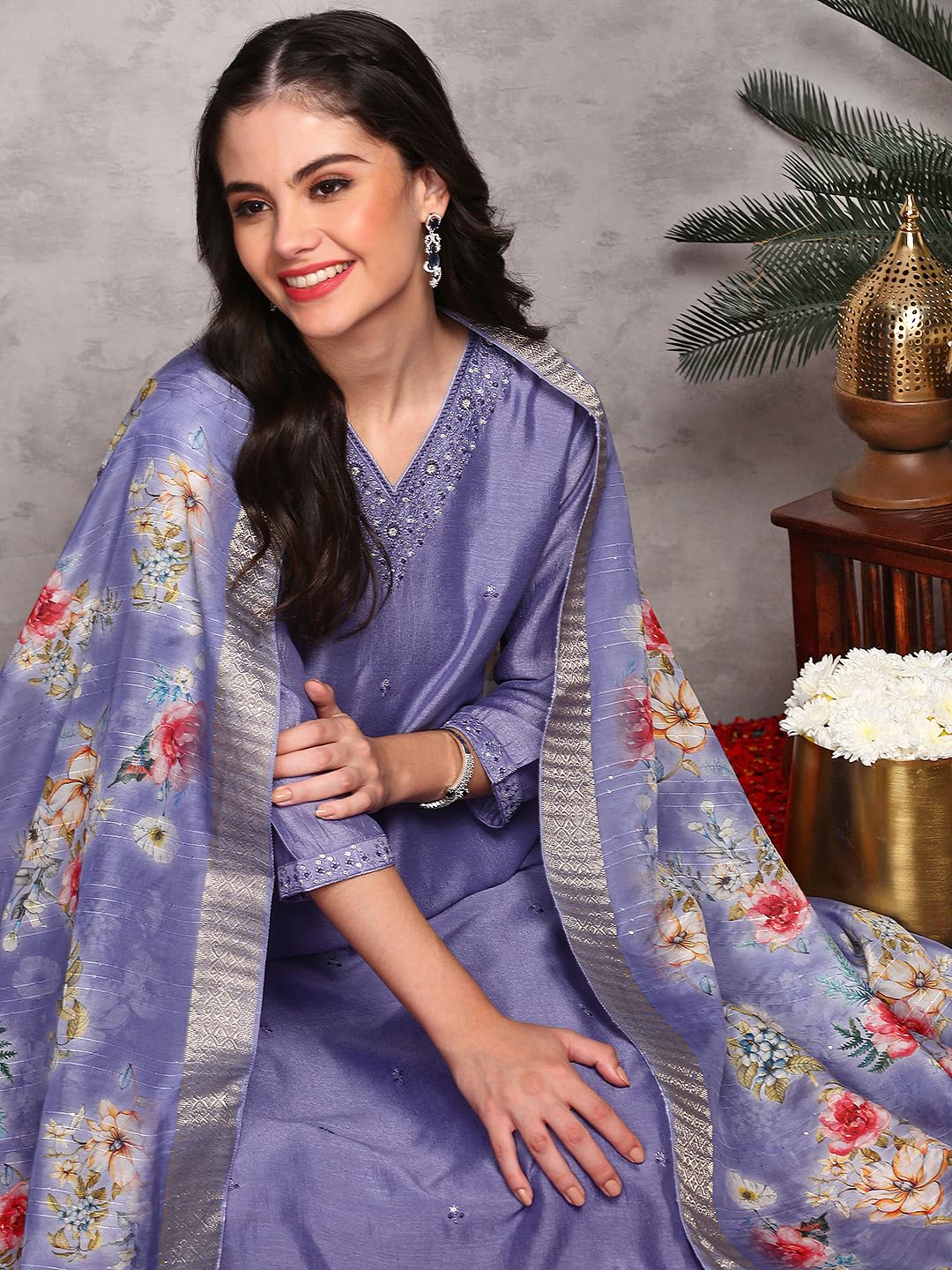 Ishin Floral Embroidered V-Neck Three-Quarter Sleeves Kurta With Trousers & With Dupatta | Kurta Set For Women | Kurta With Trou