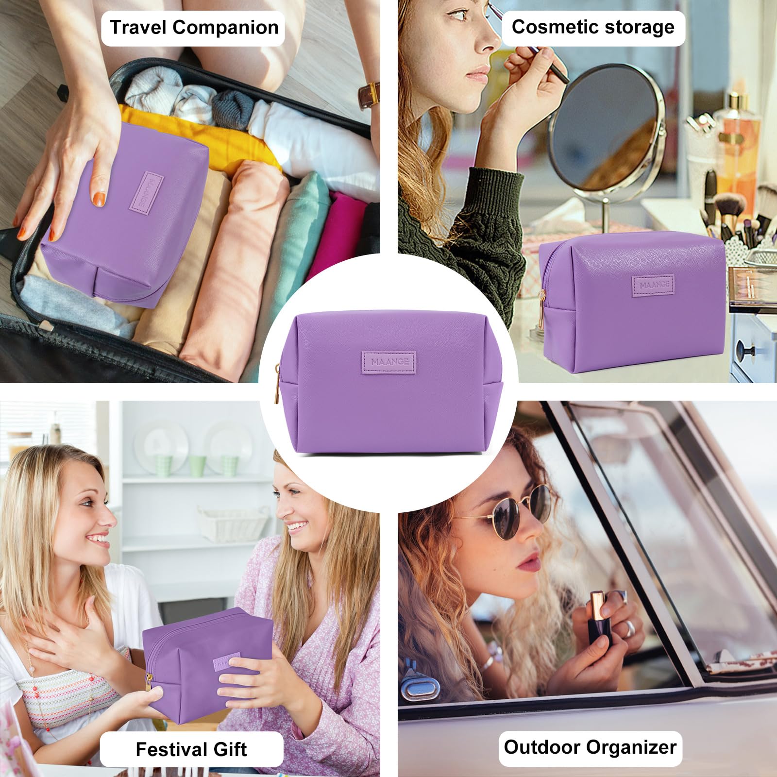 MAANGE Small Makeup Bag For Purse, Travel Cosmetic Bag Makeup Pouch PU Leather Portable Versatile Zipper Pouch For Women