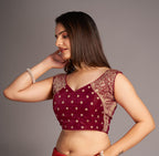 Pujia Mills WomenS Sequin Embroidered V Neck Sleeveless Maroon Readymade Saree Blouse Indian Ethnic Stitched Padded Blouses For