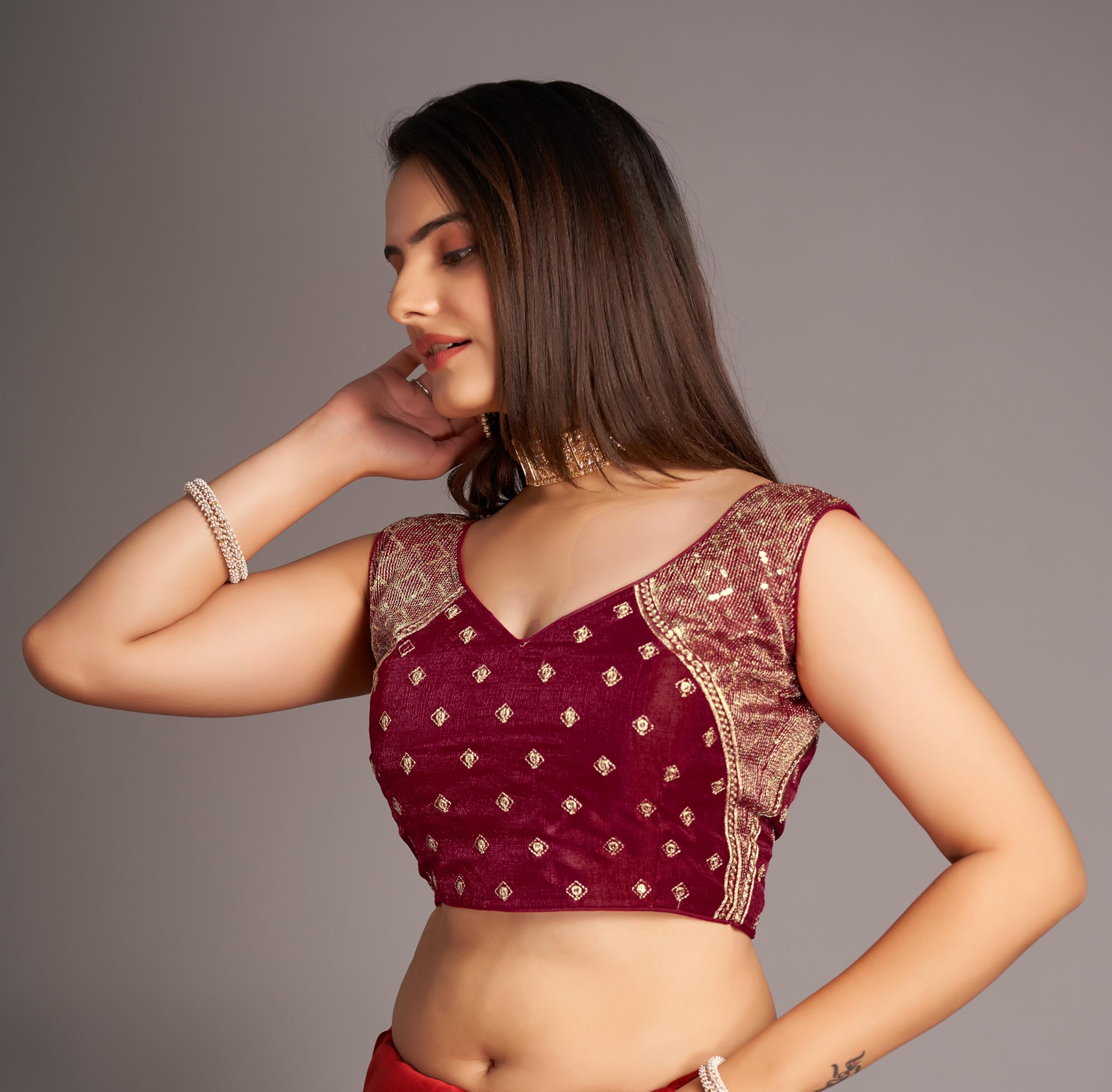 Pujia Mills WomenS Sequin Embroidered V Neck Sleeveless Maroon Readymade Saree Blouse Indian Ethnic Stitched Padded Blouses For