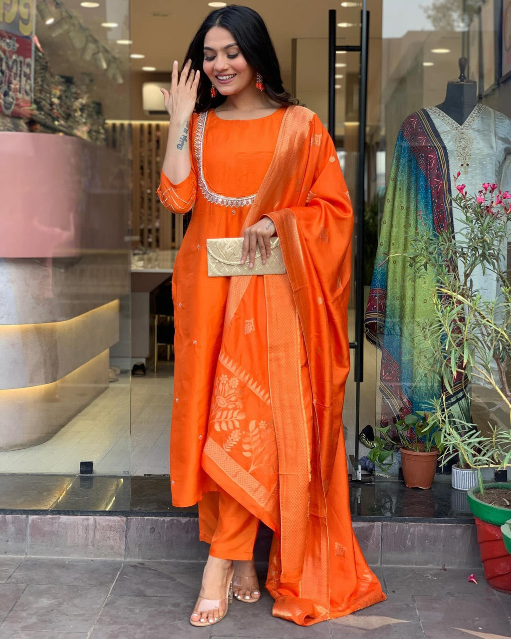 ANNI DESIGNER Ladies Silk Blend Straight Embroidery Kurta with Trousers and Dupatta, Orange, M
