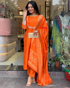 ANNI DESIGNER Ladies Silk Blend Straight Embroidery Kurta with Trousers and Dupatta, Orange, XXL