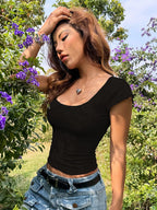 Sugathari Girls & Womens Black Eyelet Embroidery Knitted Square Neck Casual Slim Fit Women T-Shirt, Short Sleeve Schiffli Crop
