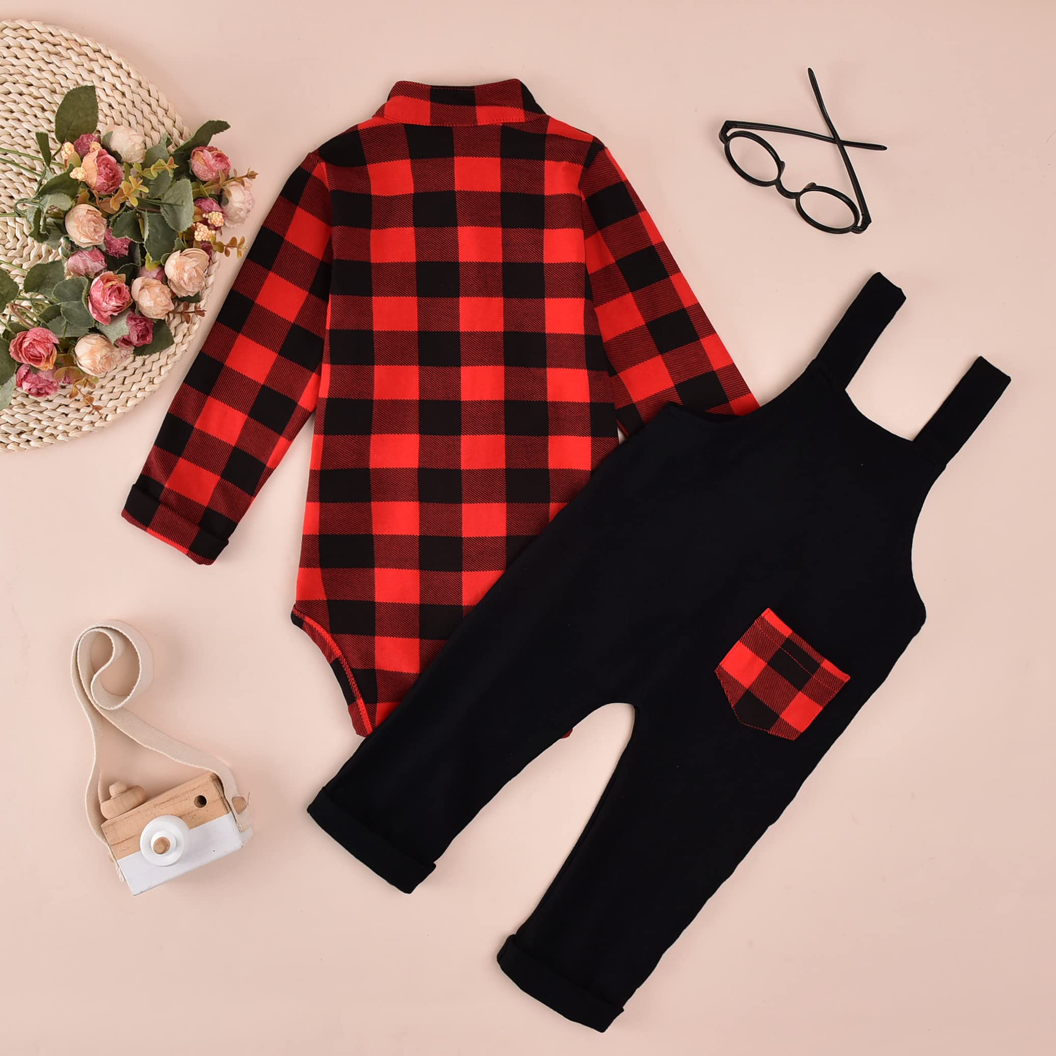 Unutiylo Baby Boys Girls Buffalo Plaid Overalls for Fall Winter, Toddler Christmas Clothes Babys Suspender Pants and Bodysuit Ro
