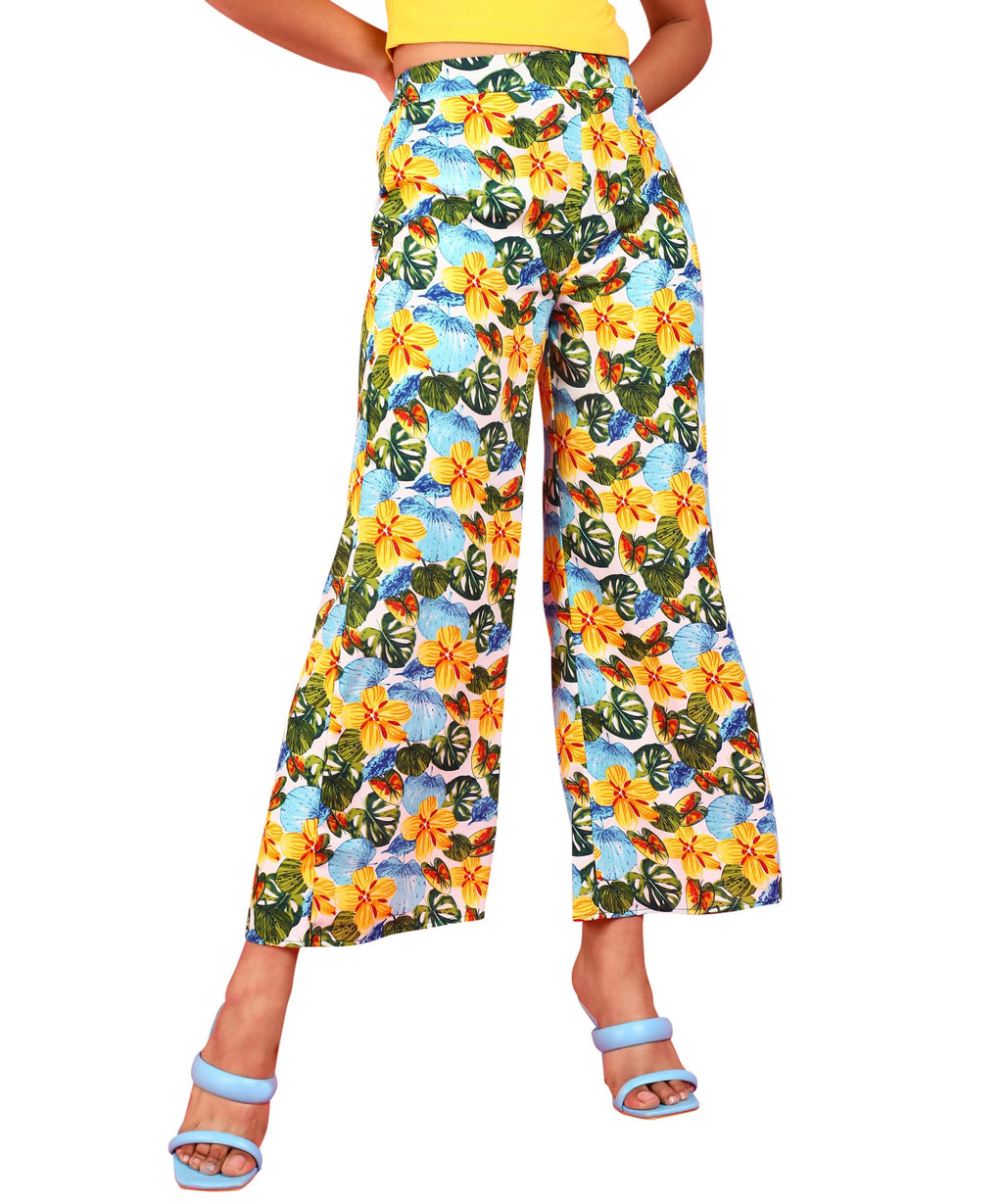 POPWINGS Casual Floral Printed Wide-Leg Trousers for Women || Latest Stylish Western Summer Wear Women Trousers || Ankle-Length 