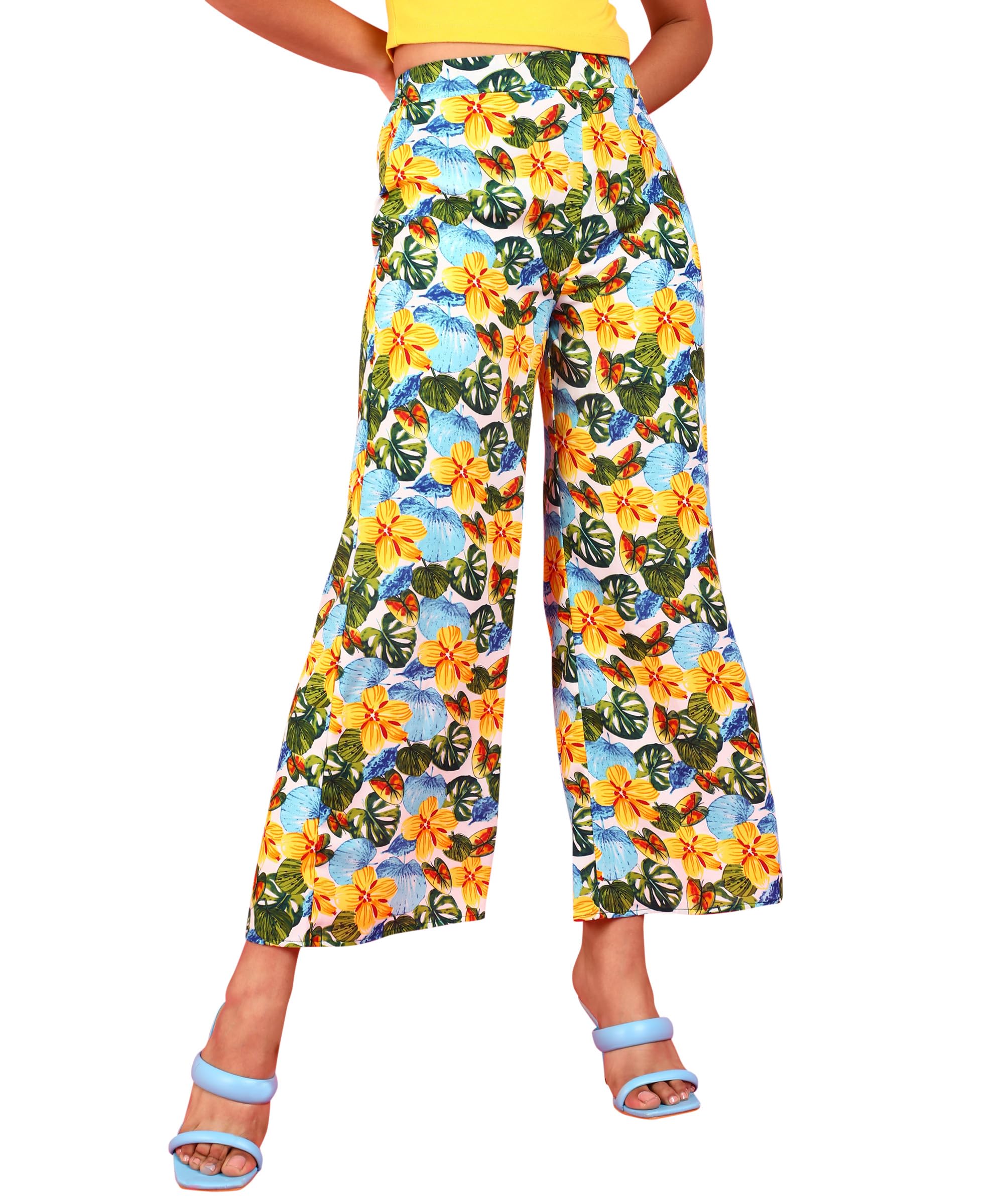 POPWINGS Casual Floral Printed Wide-Leg Trousers for Women || Latest Stylish Western Summer Wear Women Trousers || Ankle-Length 