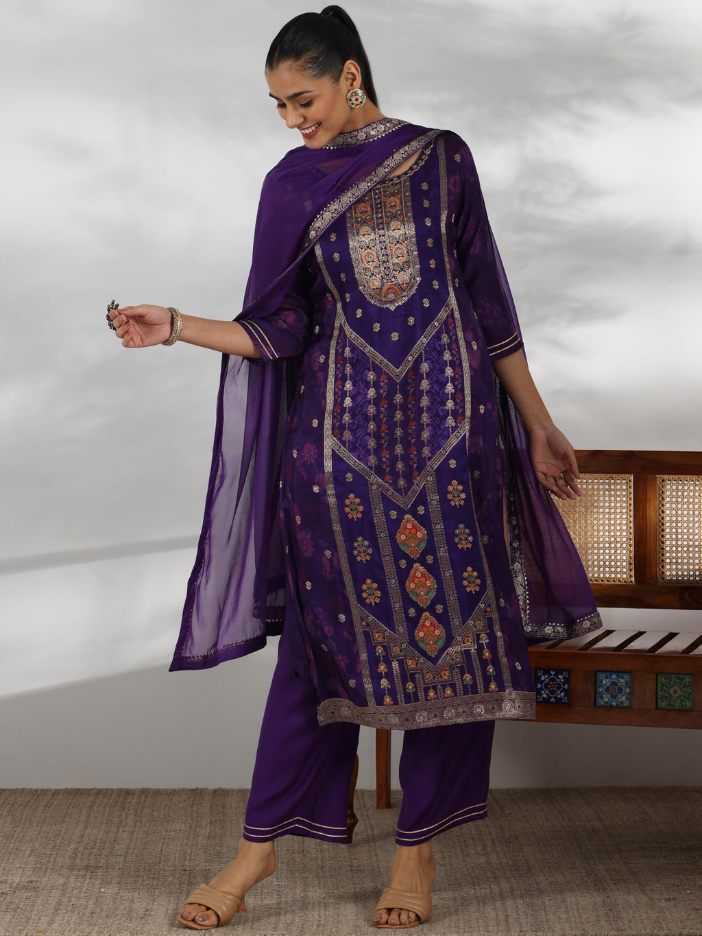 Libas WomenS Silk Blend Kurta Set (48656_Purple