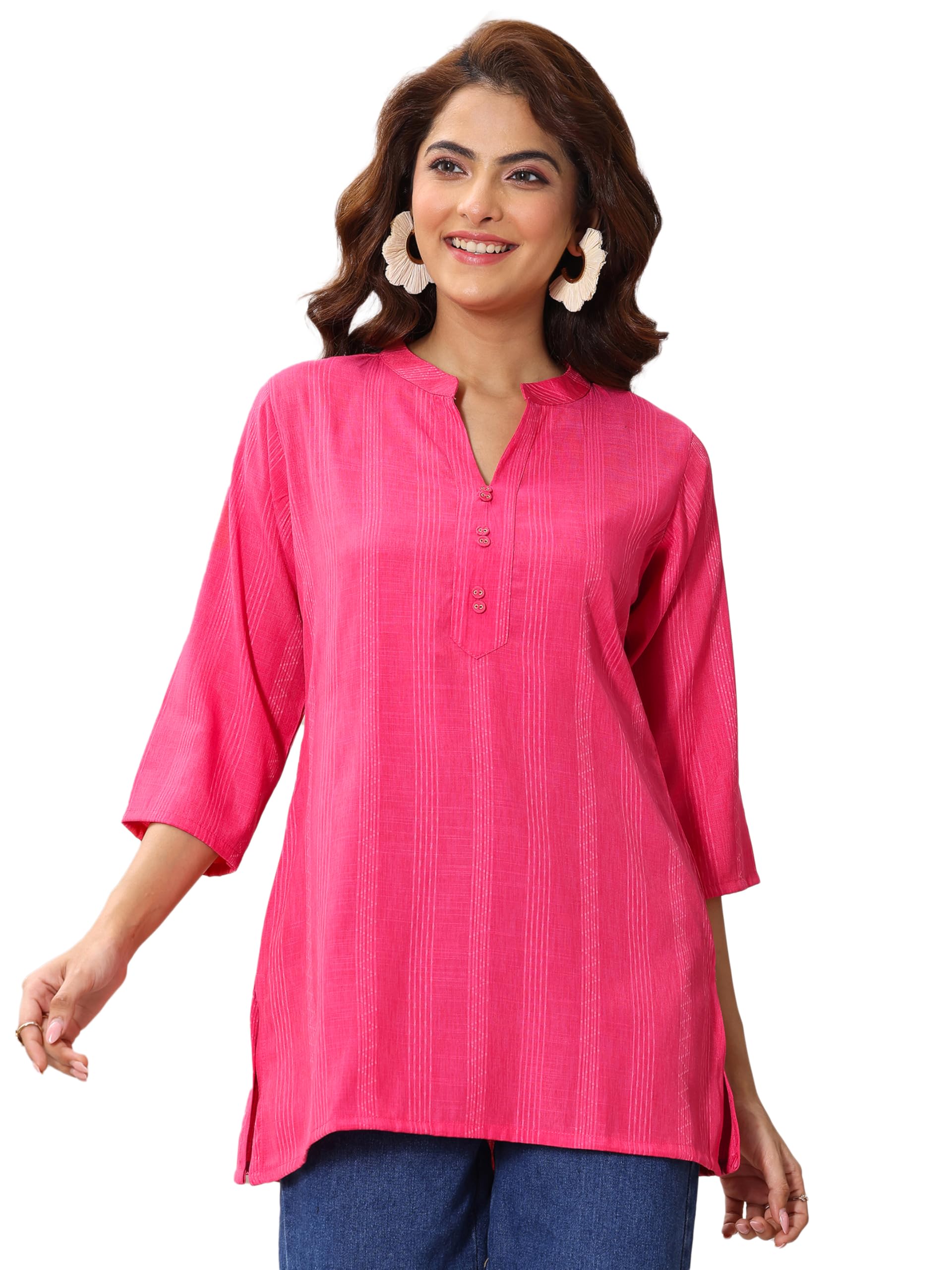 Libas Womens Woven Design Cotton Blend Straight Kurti For Women Pink
