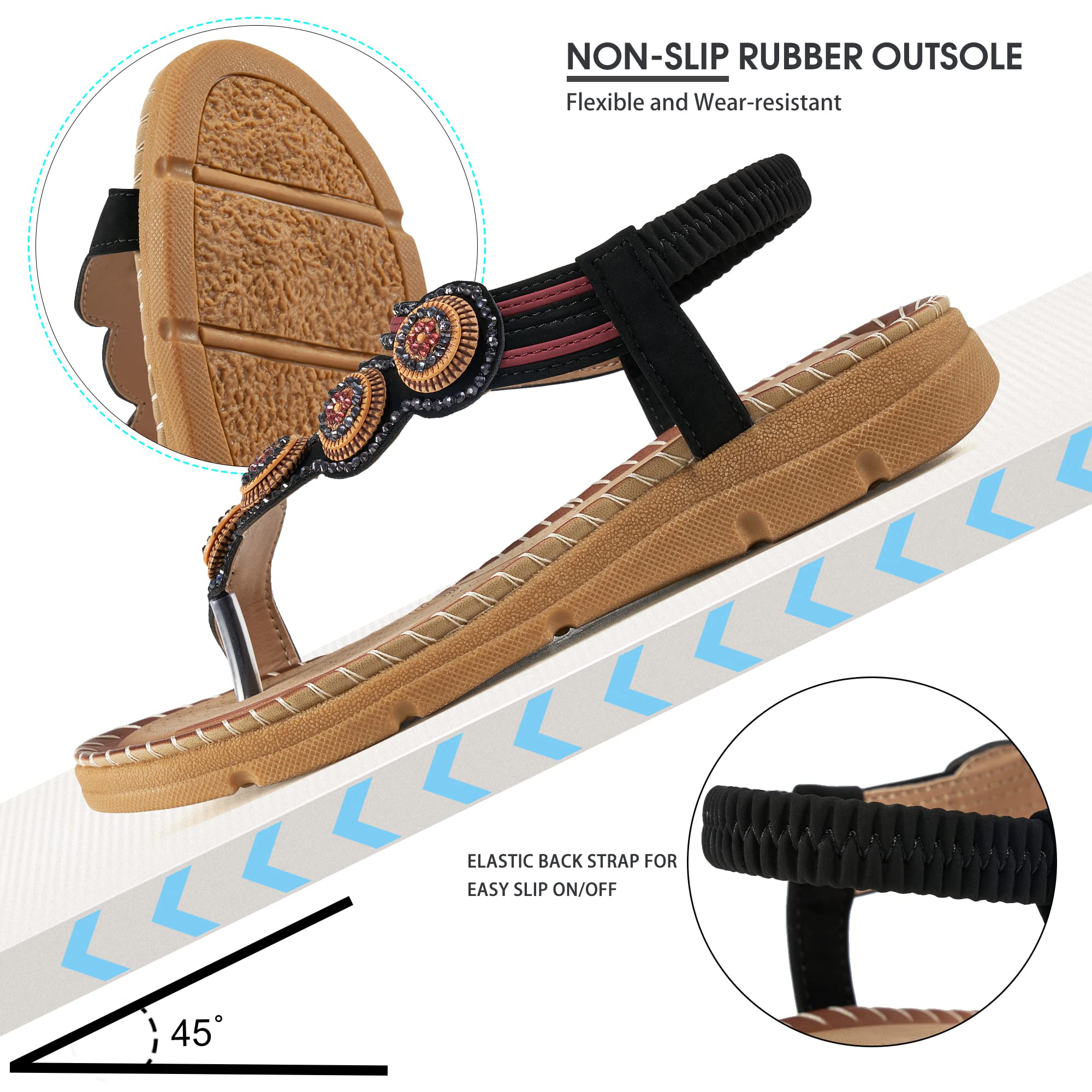 HARENCE Women's Summer Sandals Casual Comfortable Flip Flops Beach Shoes Ankle T-Strap Thong Elastic Flat Sandals for Women