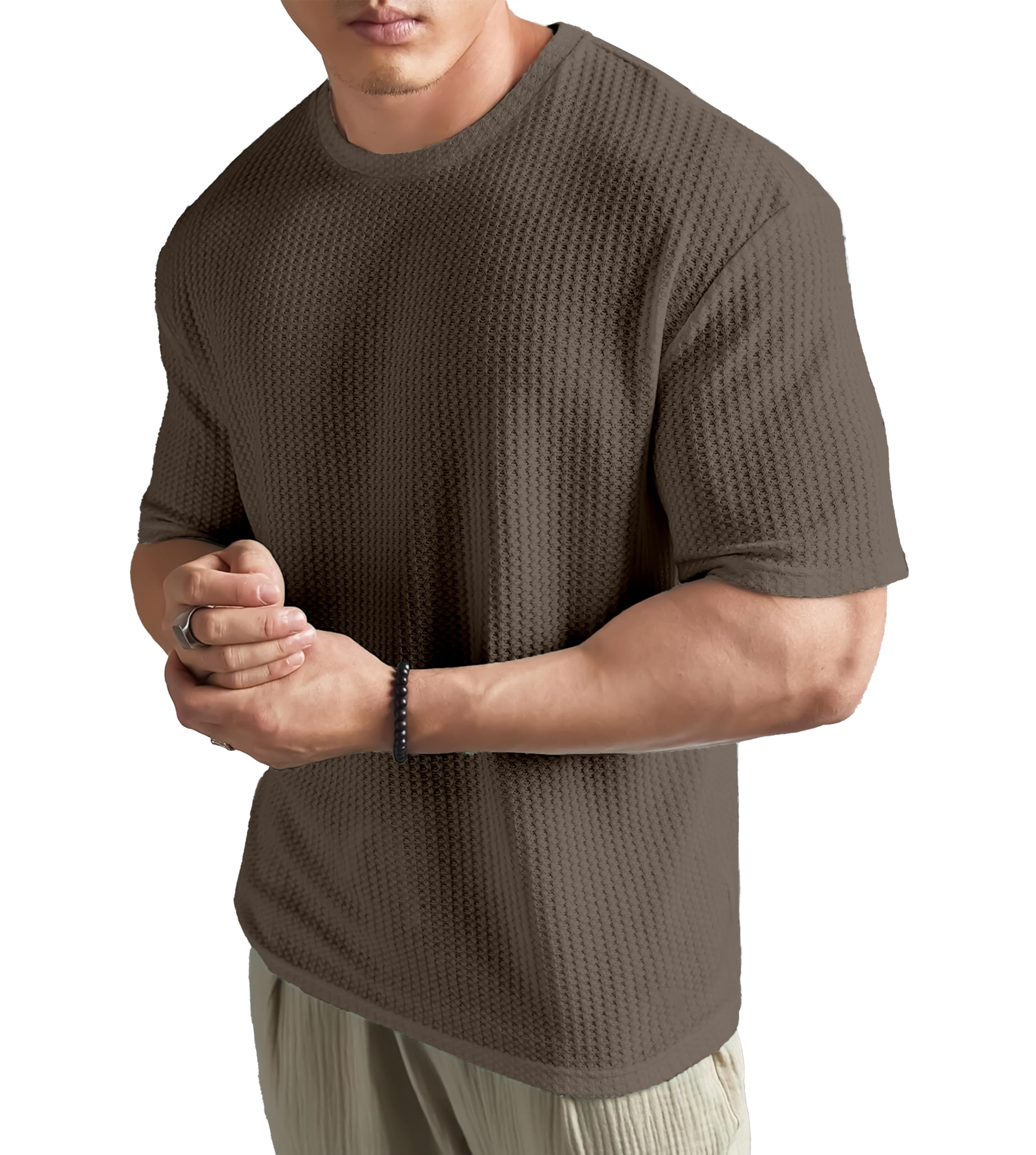 SHODOX Mens Solid Dotted Unique Design Oversized Tshirt for Men - Round Neck Loose Fit Drop Shoulder Mens T-Shirt Coffee Brown