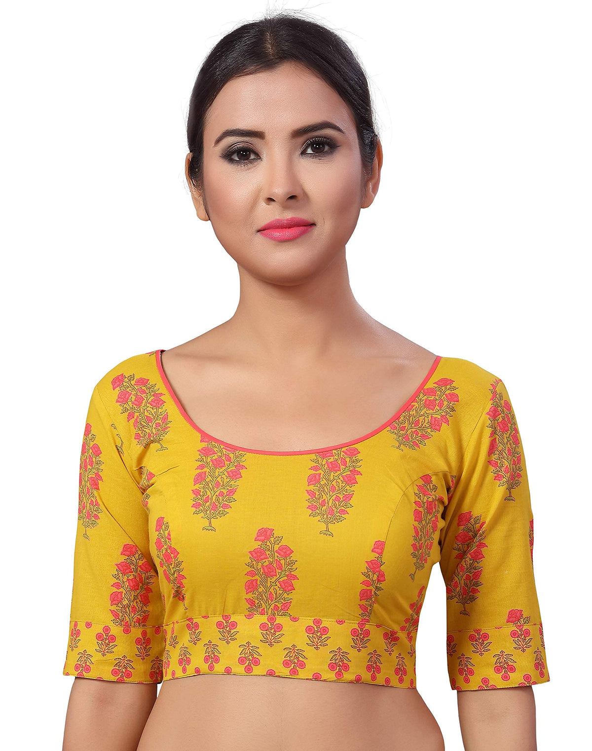 Studio Shringaar WomenS Yellow Jaipuri Block Printed Pure Cotton Readymade Saree Blouse With Elbow Length Sleeves (Size, 42) 42