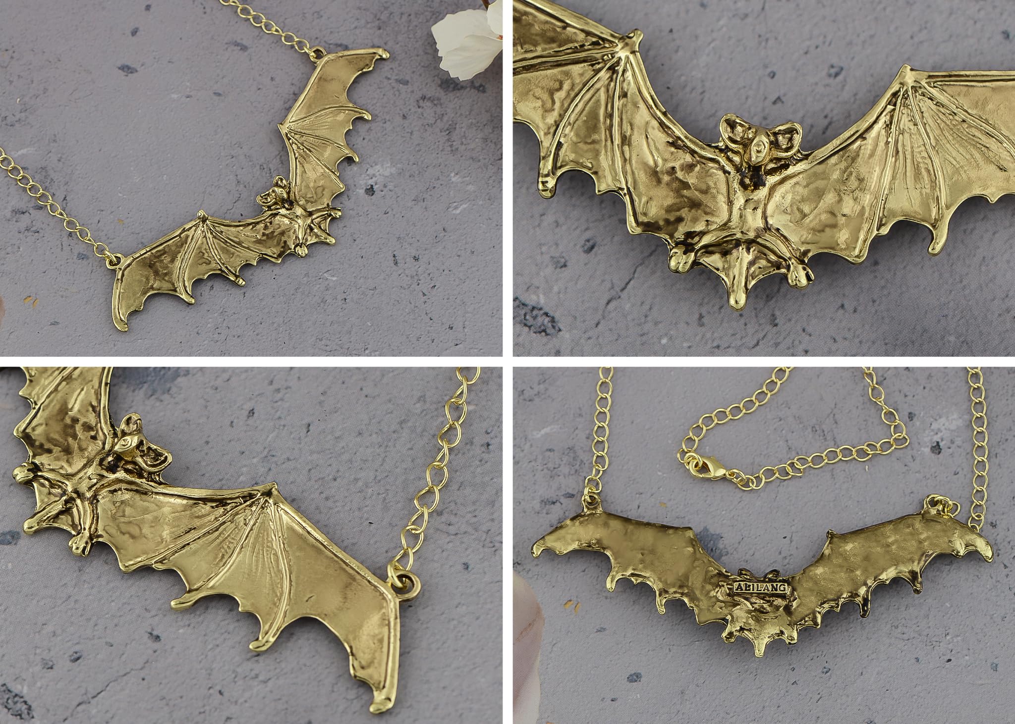 Alilang Frightening Halloween creepy wings Flying Bat Pendant Neck Chain Necklace, Gold