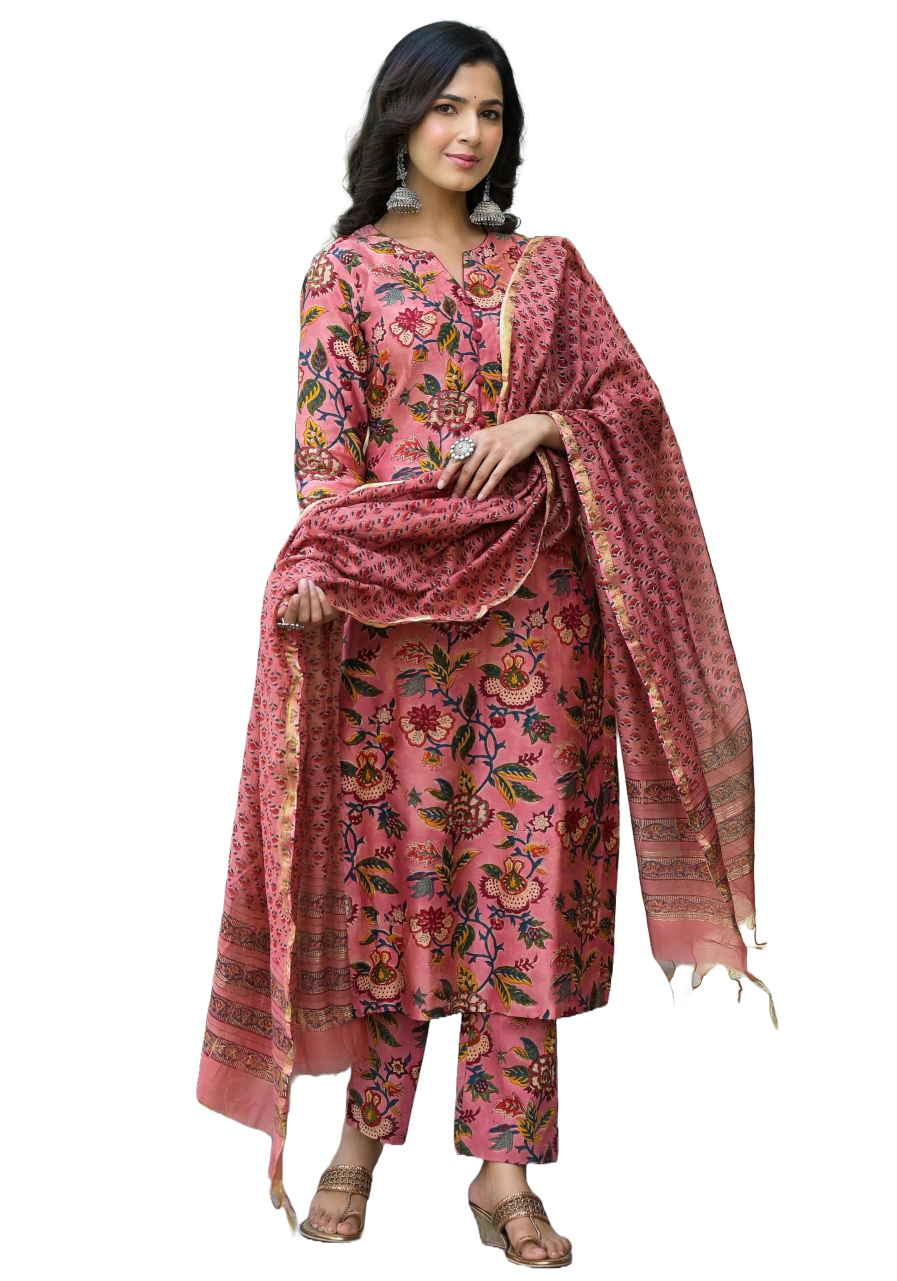 ANNI DESIGNER Womens Cotton Blend Straight Printed Kurta with Pant & Dupatta (Kinara Peach_S_Peach_Small)