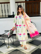 ANNI DESIGNER Women s Rayon Blend Printed Straight Kurta with Pants and Dupatta, white, L