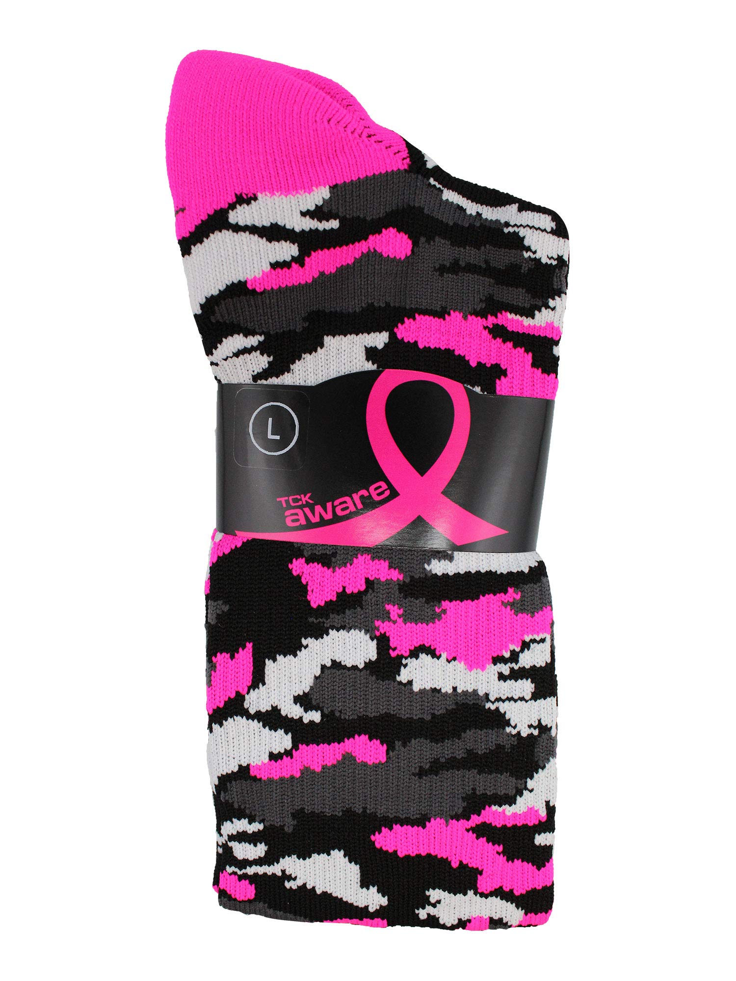 TCK Woodland Camo Breast Cancer Awareness Over the Calf Socks (Black/Hot Pink, Large) - Black/Hot Pink,Large