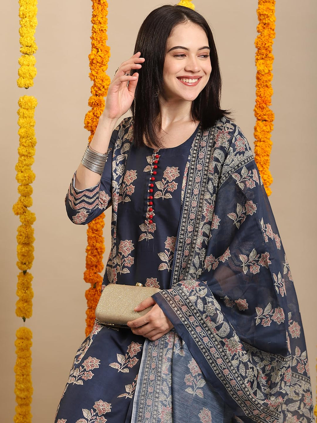 ANNI DESIGNER Women s Printed Rayon Blend Kurta with Pants and Dupatta, Navy blue, S