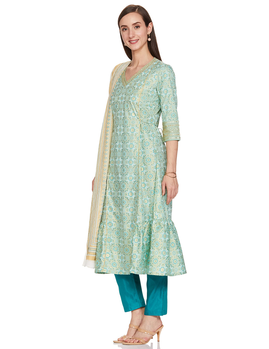 Green Printed Kurta-Golden Trouser- Dupatta Set