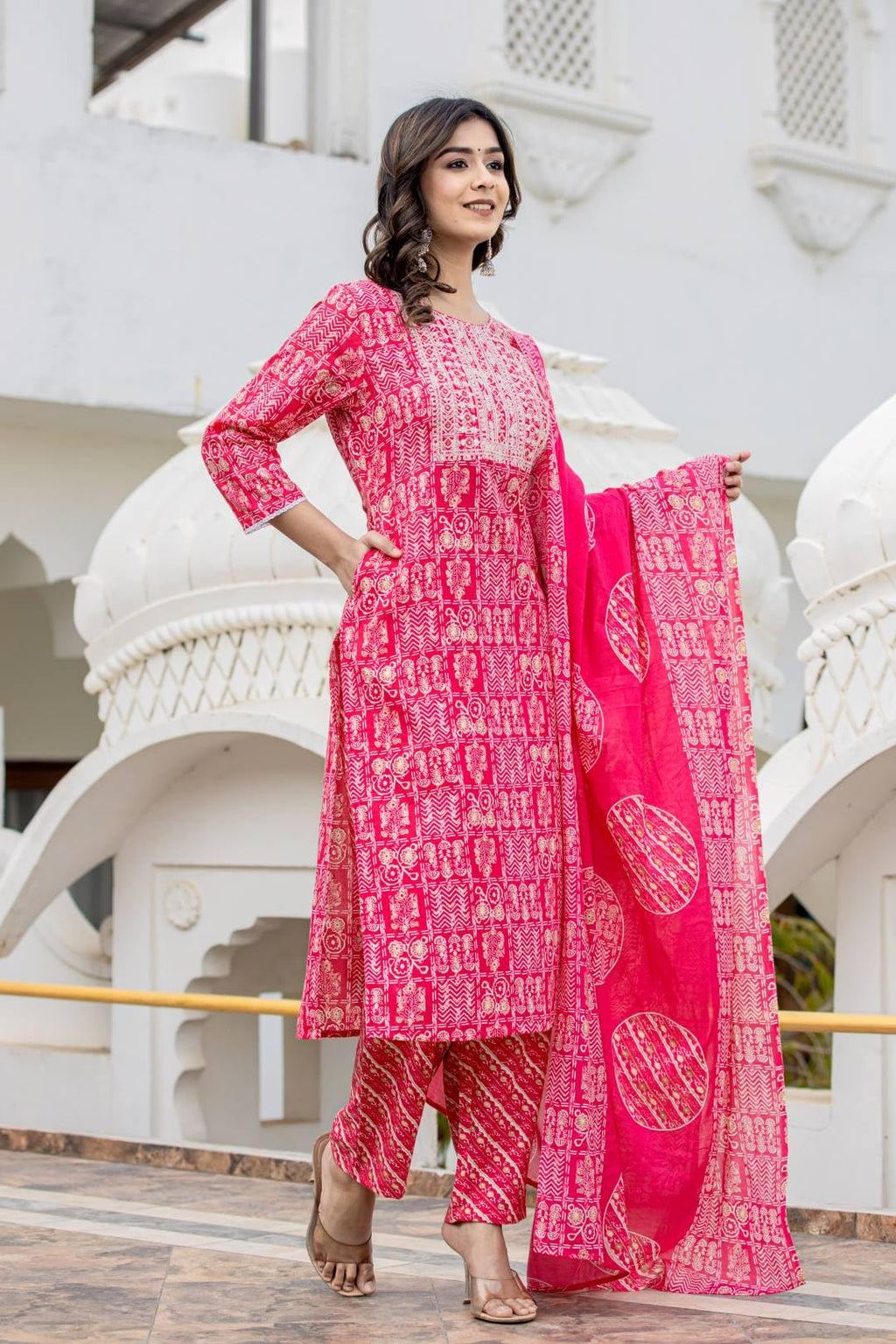 Varanga Women Pink Round Neck Embroidered Kurta Paired With Bottom And Printed Dupatta