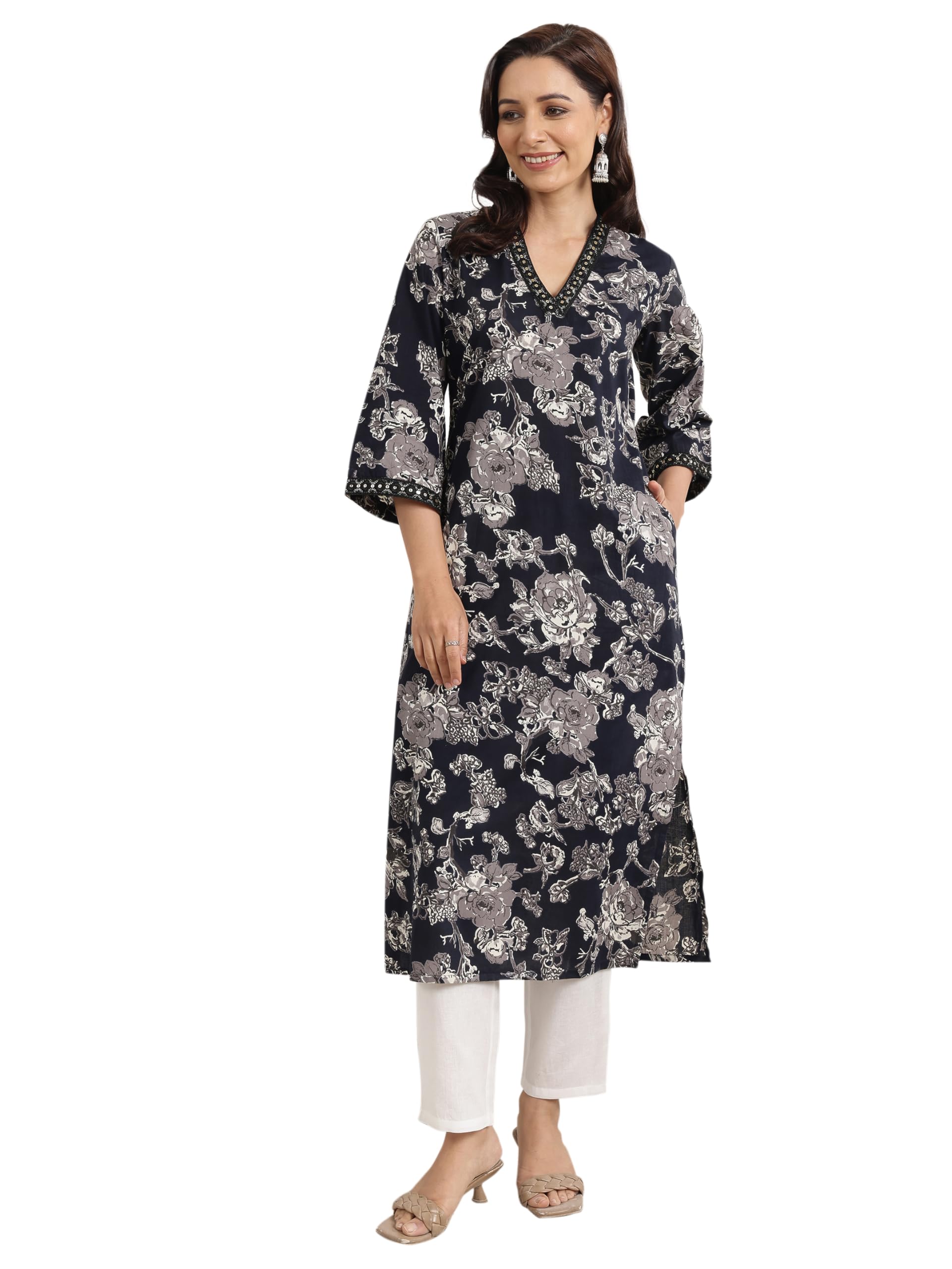 Libas Black Floral Motif Printed Straight Kurta
