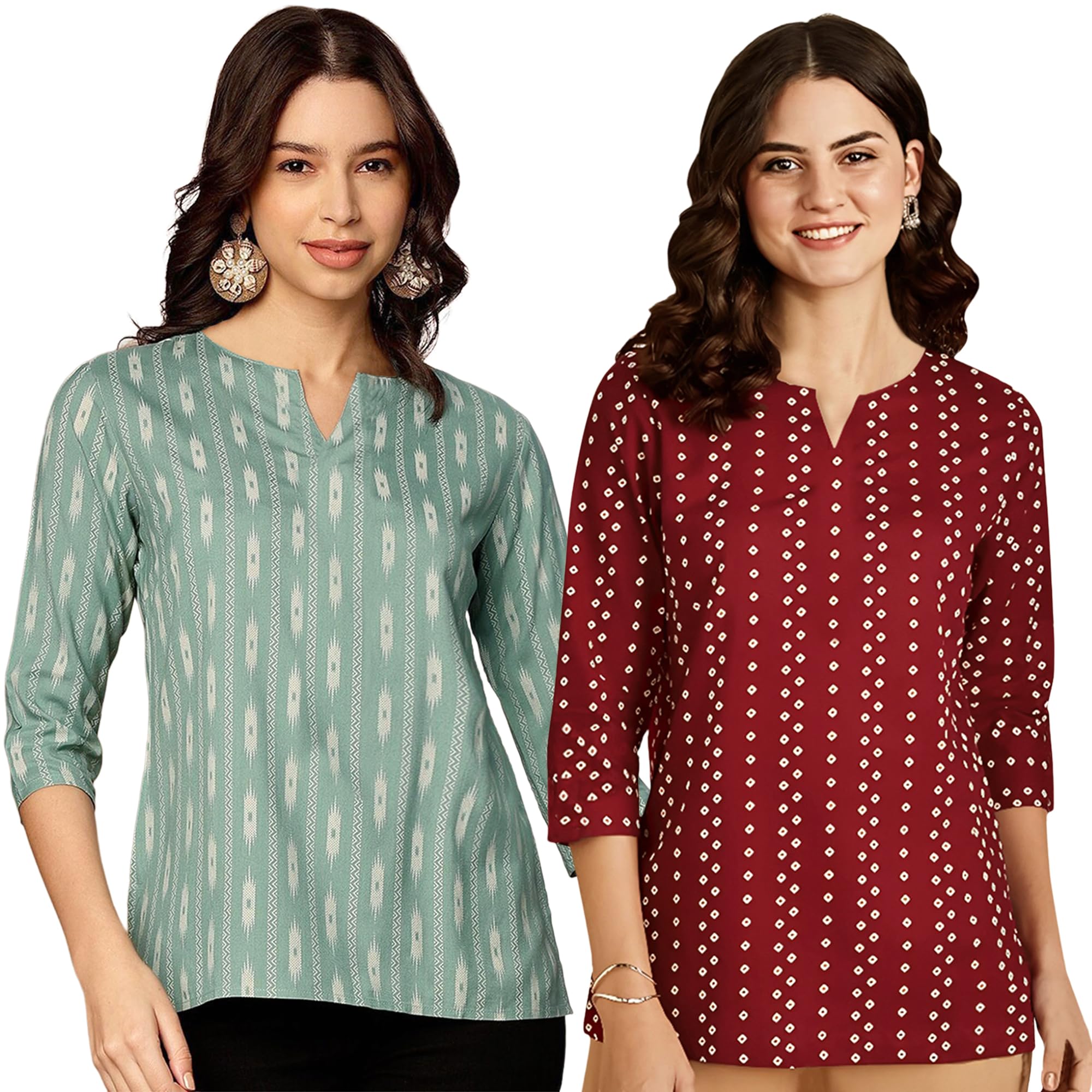 Pinkmint Womens Printed Cotton Blend Short Kurti with 3/4th Sleeve & Notch Neck l Casual & Office Wear Tunic Shirt Kurti