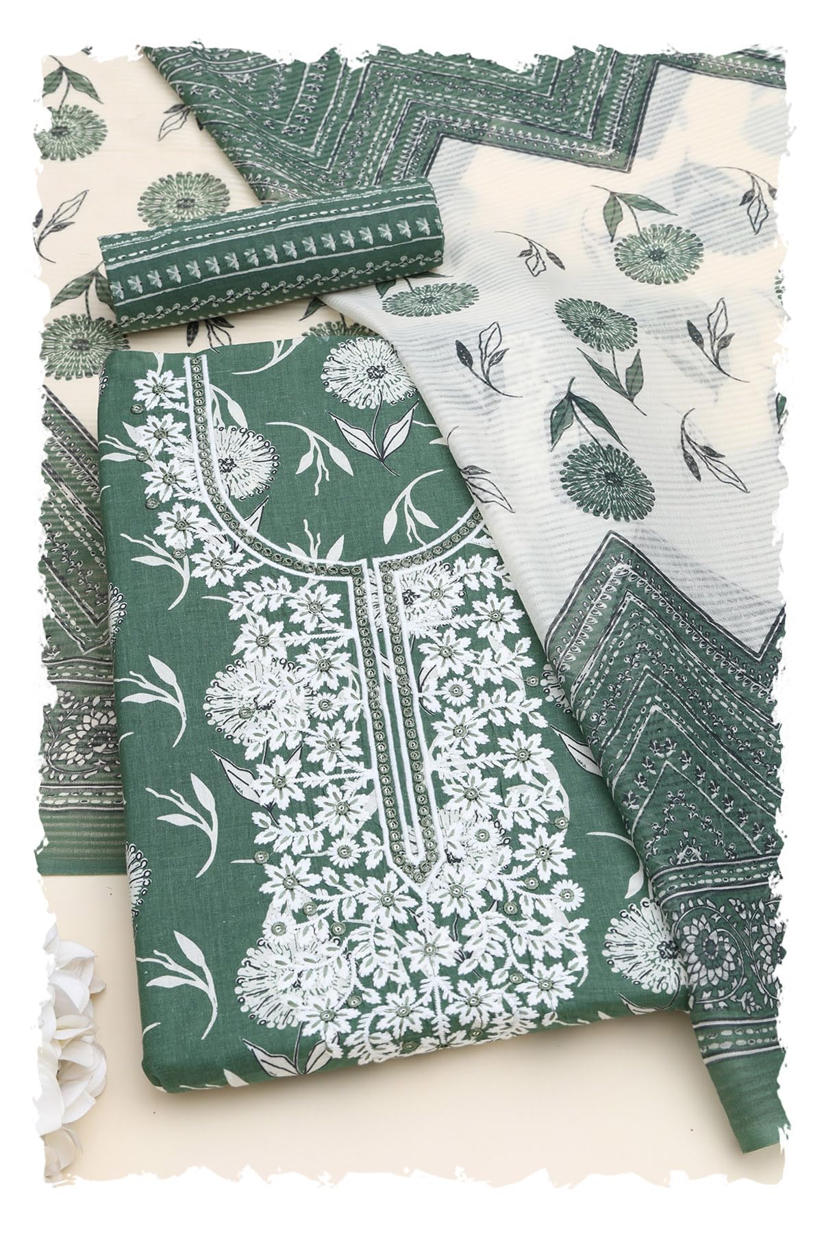Soch Women Cotton Floral Dress Material with Machine Embroidery and Sequin Details