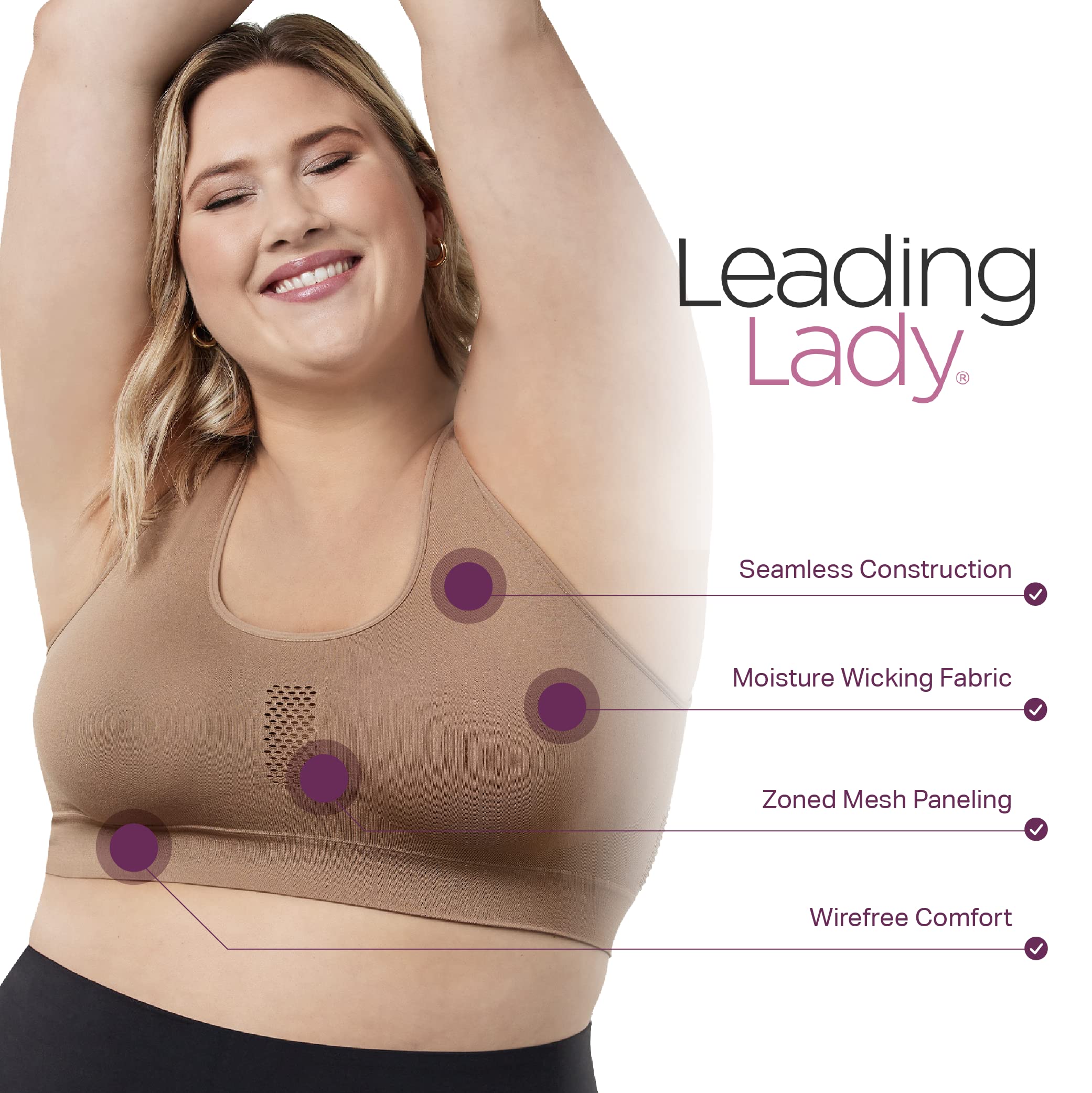 LEADING LADY Steffi Cooling Comfort Everyday Bra - Ultra Comfort Seamless Bra - Wirefree Bras for Women (Truffle, XL)