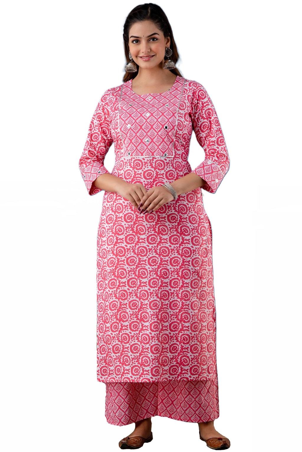 ANNI DESIGNER Women's Cotton Blend Traditional Straight Printed Kurta and Palazzo Set (Valab Pink NW_S_Pink_Small)