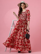 Sheetal Associates Womens Maxi Floral Print Crepe Regular Sleeves Casual Dress Red