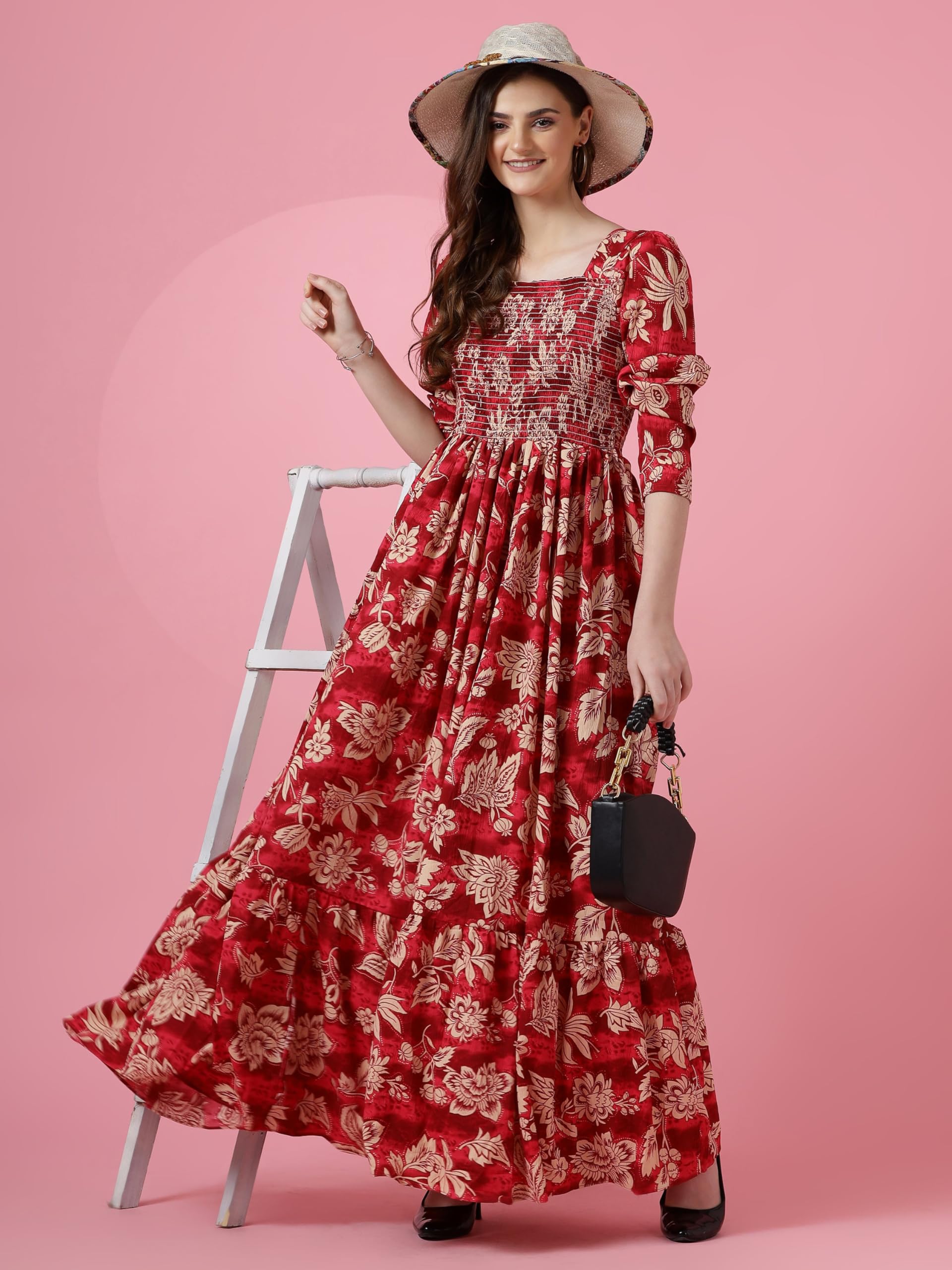 Sheetal Associates Womens Maxi Floral Print Crepe Regular Sleeves Casual Dress Red