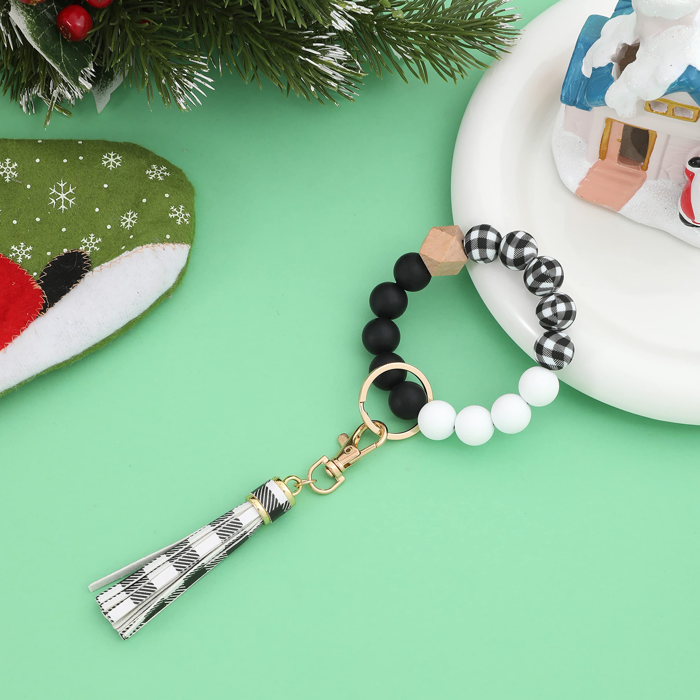 BAOSIWA Silicone Beaded Bracelet Keychain Black and White Plaid Wristlet Key Ring Bangle Chains Christmas Gifts for Women Girls