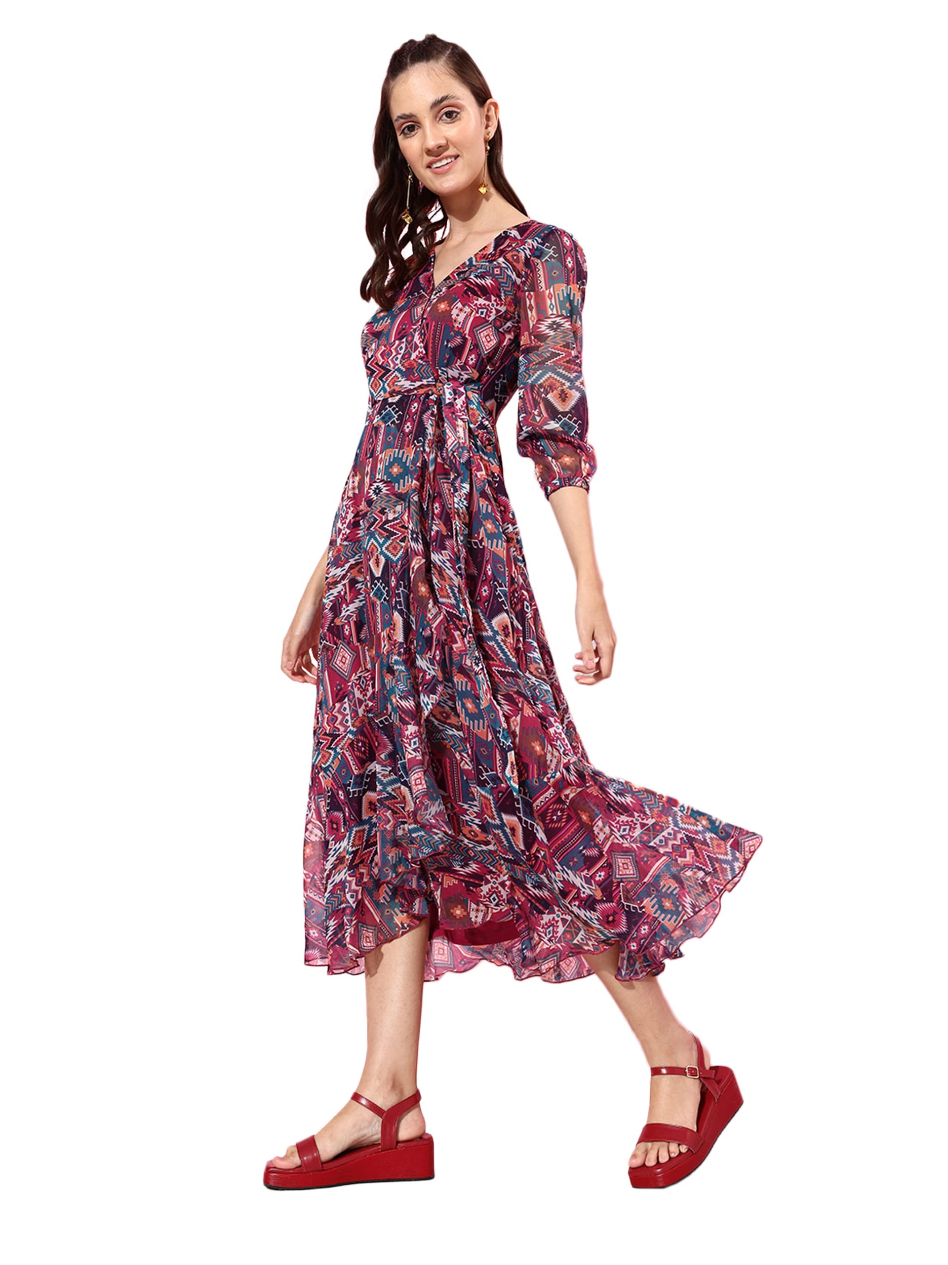 Miss Chase WomenS V Neck Flared Sleeve Floral Wrap Chiffon Maxi Dress With Pocket (Mcaw21D14-94-224-07, Multicolored, 2Xl)