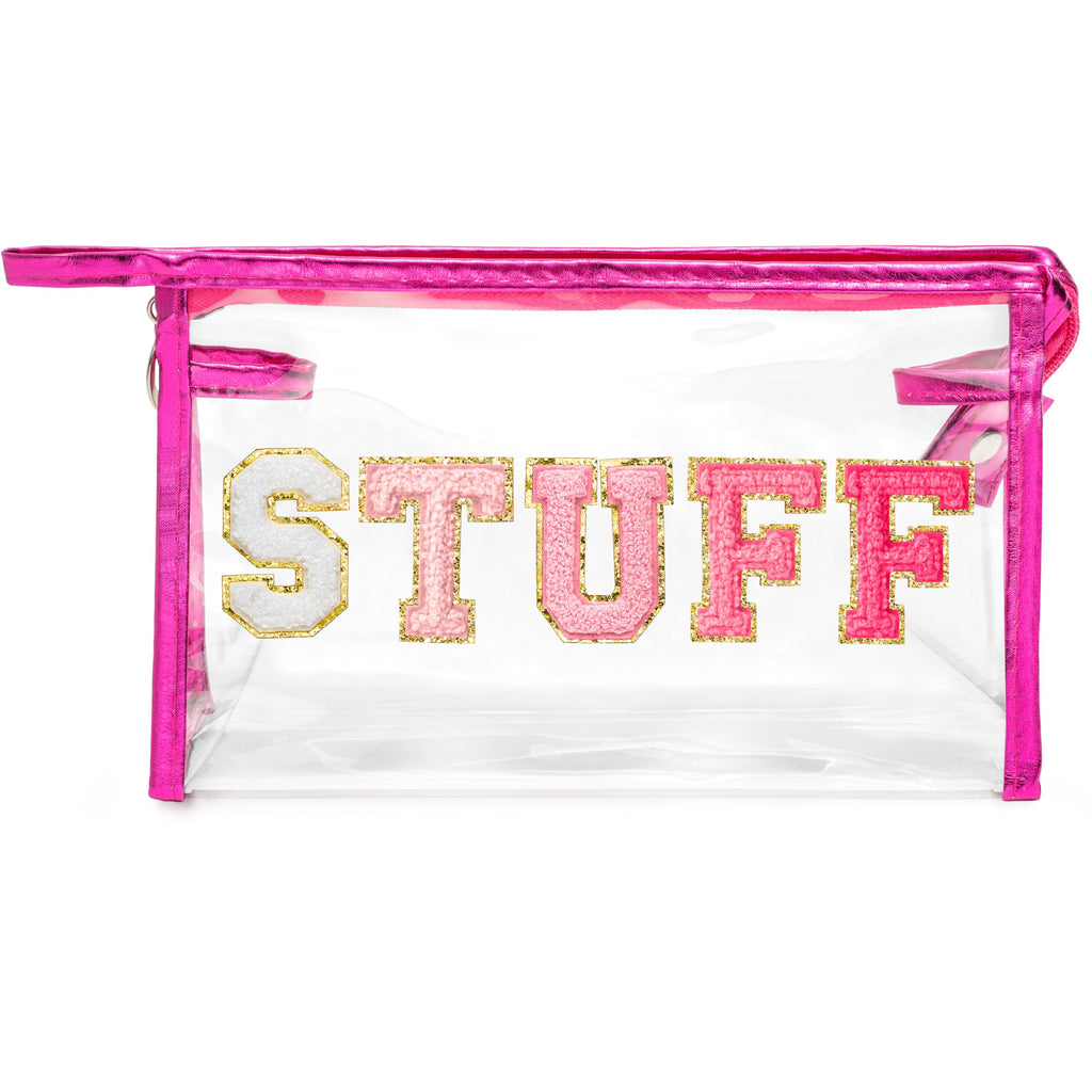 Y1tvei STUFF Large Makeup Bag - Preppy Patch Chenille Varsity Letter Transparent PVC Clear Extra Large Cosmetic Pouch Portable W