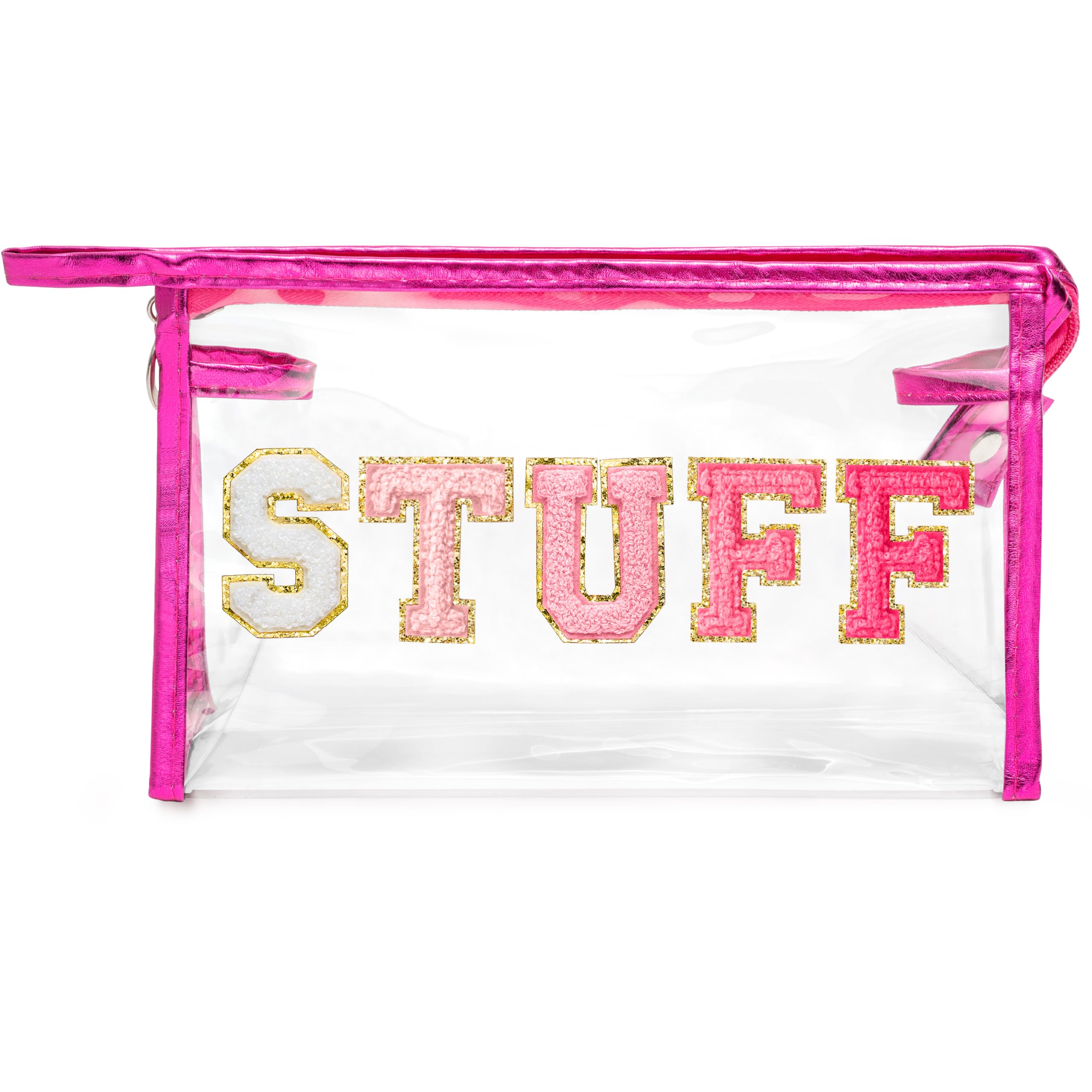 Y1tvei STUFF Large Makeup Bag - Preppy Patch Chenille Varsity Letter Transparent PVC Clear Extra Large Cosmetic Pouch Portable W
