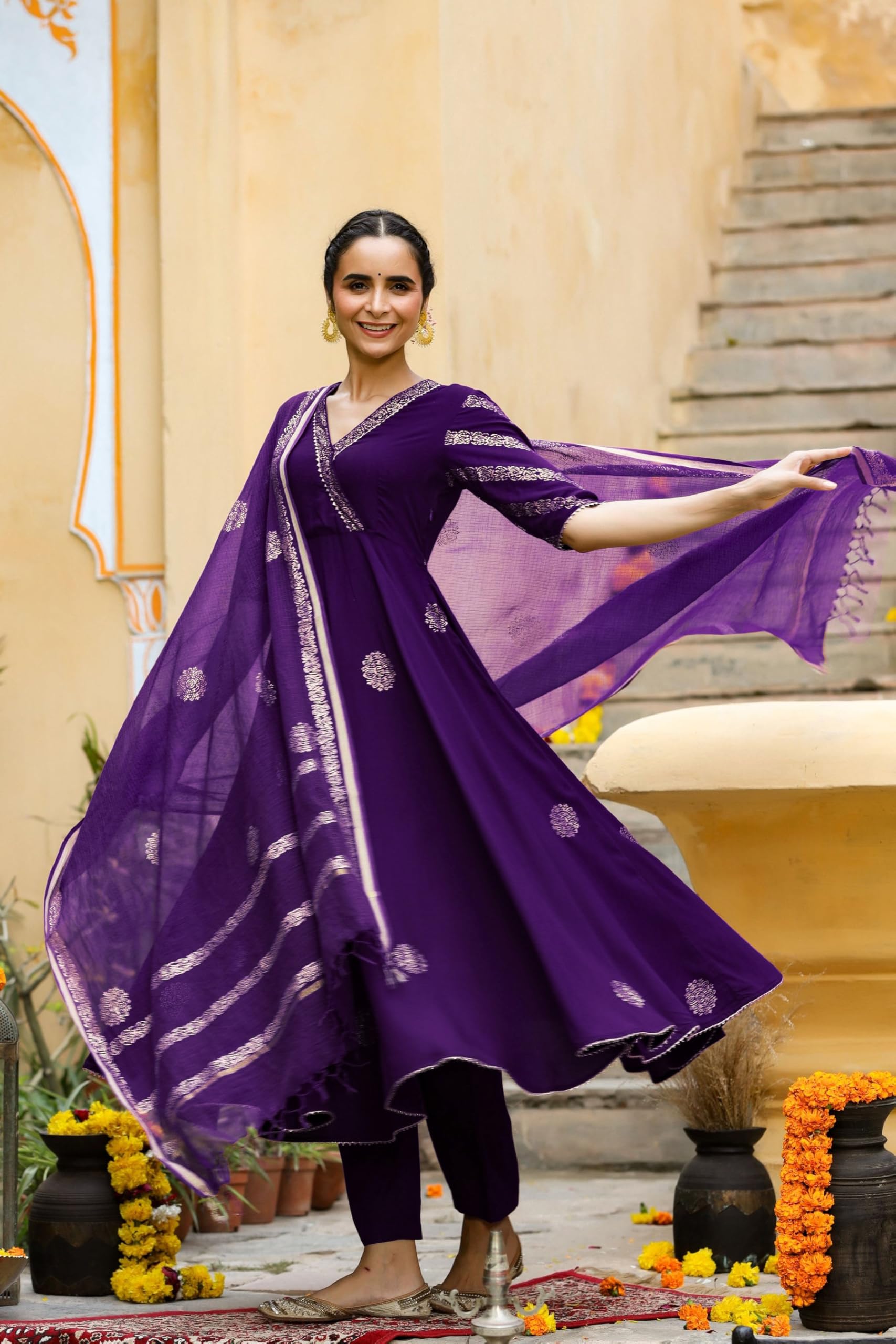 ANNI DESIGNER Anarkali Women s Rayon Blend Kurta with Trousers and Dupatta, Begani, Medium