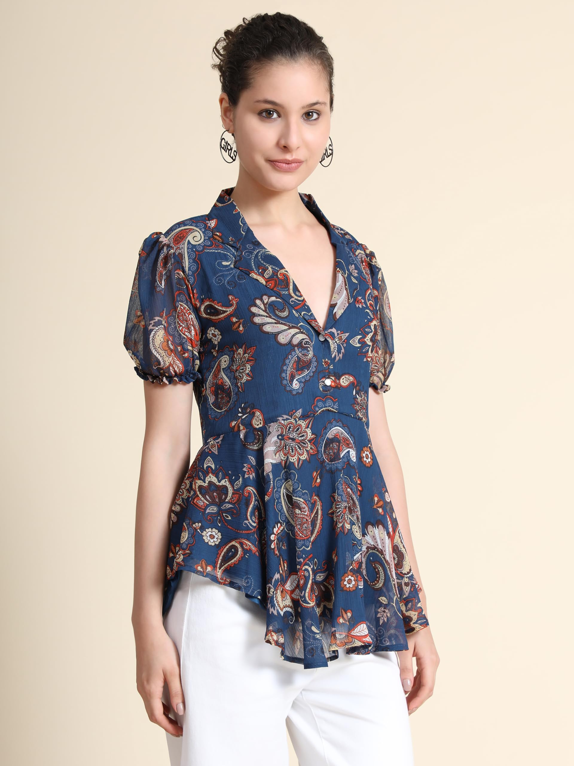 Toochki Navy Blue Georgette Paisley Flared Printed high Low Style Western Summer wear top for Womens in Latest Trending Style G