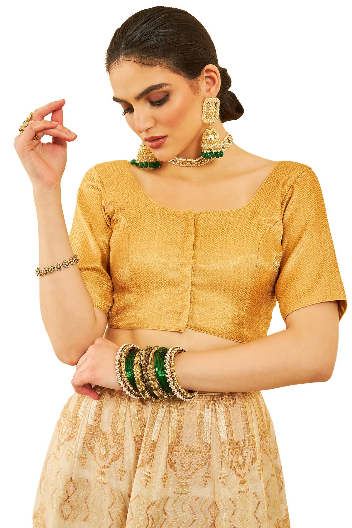 Soch Women Silk Blend Floral Woven Design Brocade Blouse with Piping
