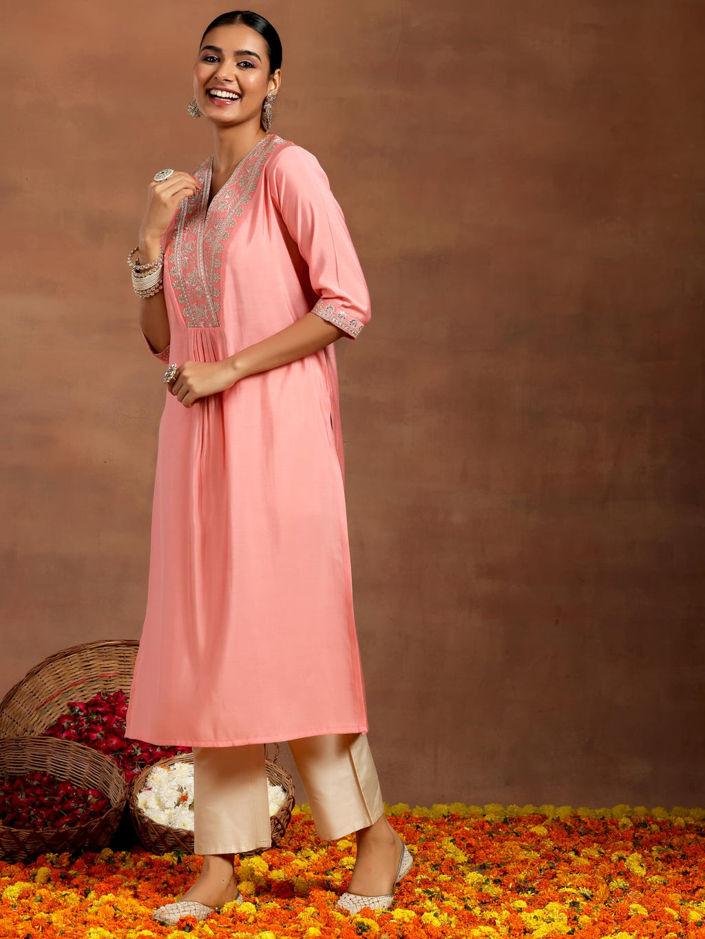Libas WomenS Silk Straight Kurta (G2745_Peach