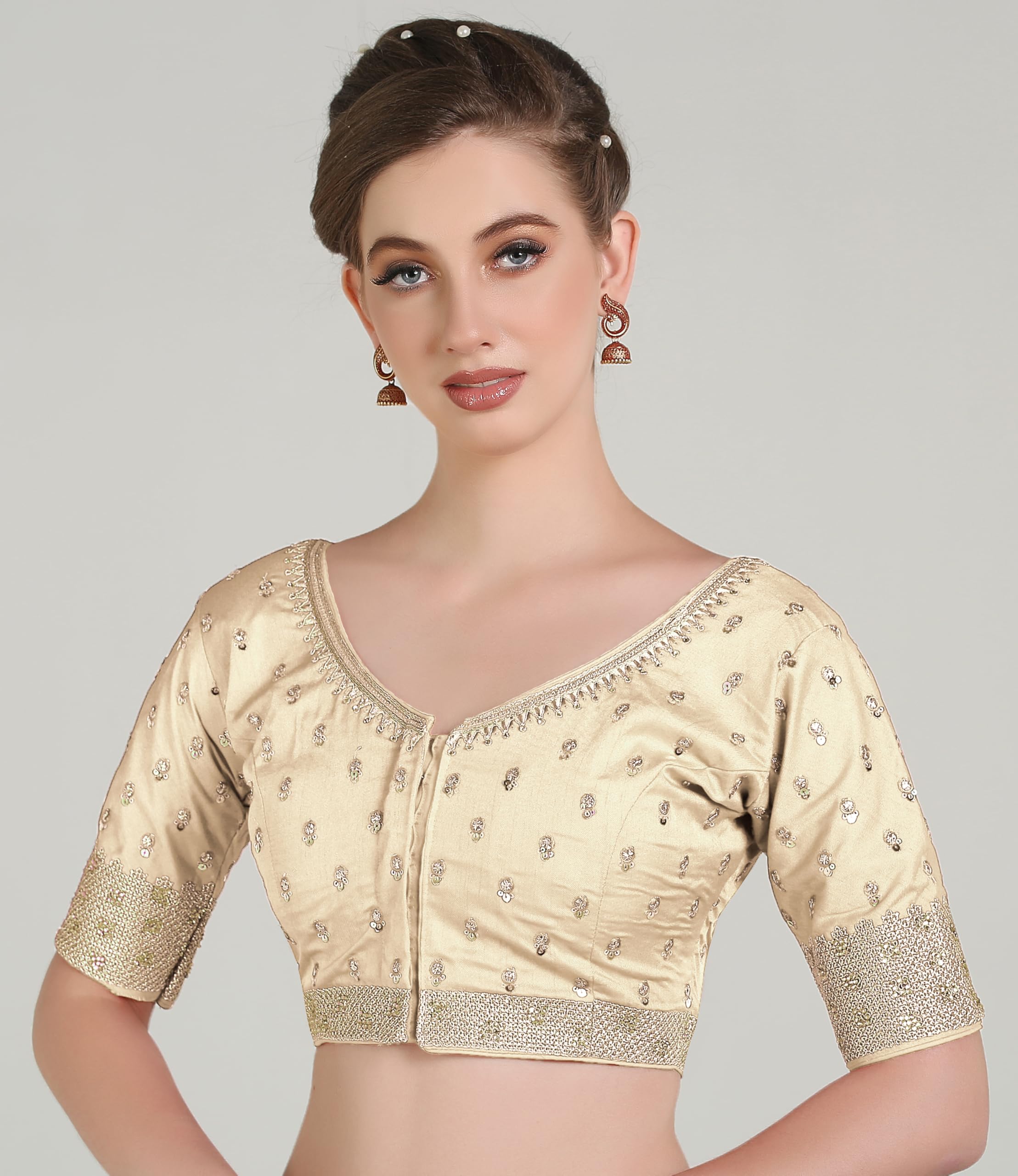 Pujia Mills Women Indian Ethnic Wear Designer Golden Codding With Zari Embroidered Diamond Work Round Neck Half Sleeve Readymade