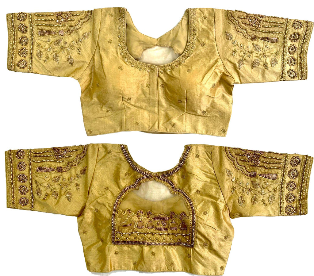 Pujia Mills Womens Golden Zari Embroidery Work with Heavy Maggam Work Gold Blouse(Ruby Gold_38)