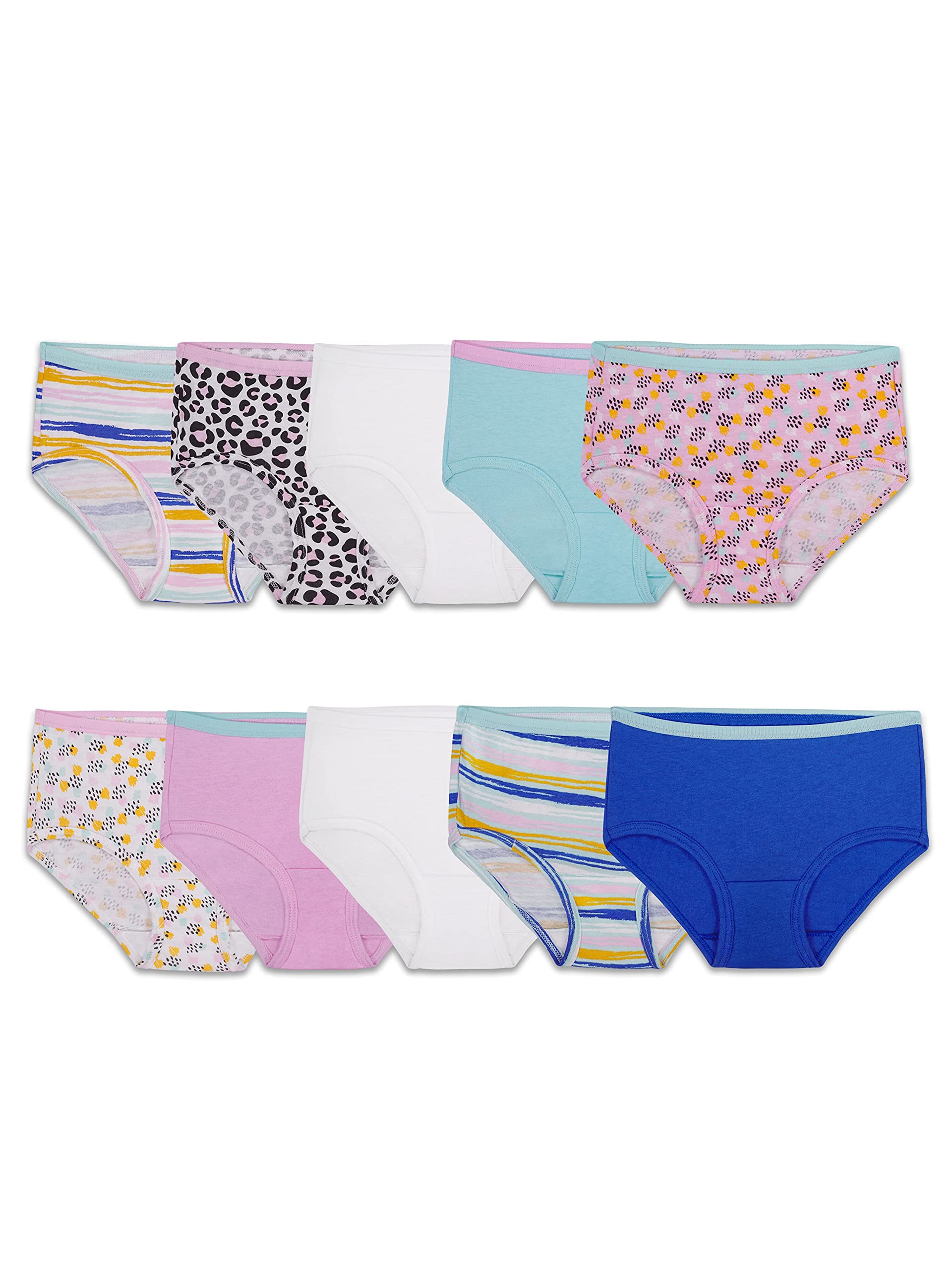 Fruit of the Loom Girls' Big Tag Free Cotton Brief Underwear Multipacks, Brief-10 Pack-White/Stripes/Animal Print, 14