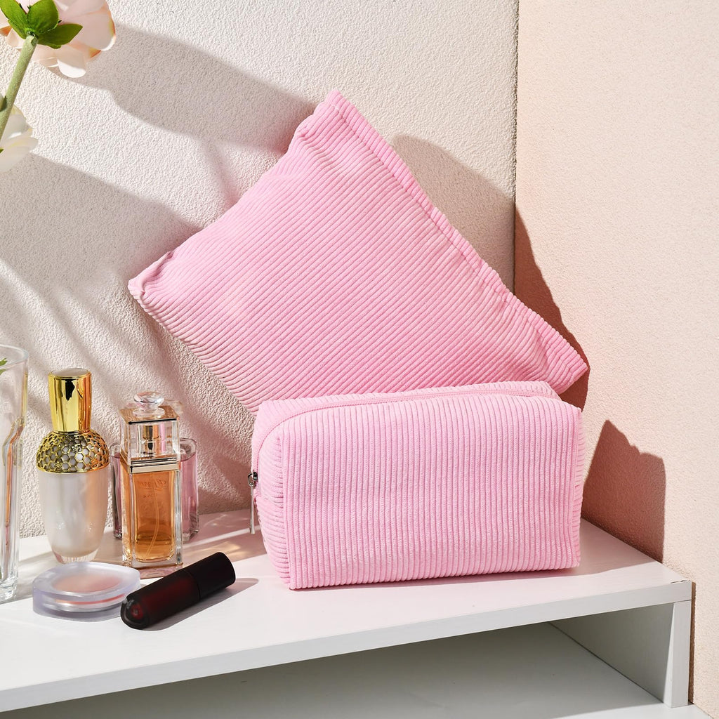 SOIDRAM 2 Pieces Makeup Bag Large Corduroy Cosmetic Bag Capacity Canvas Mix Travel Toiletry Bag Organizer Cute Makeup Brushes Ae