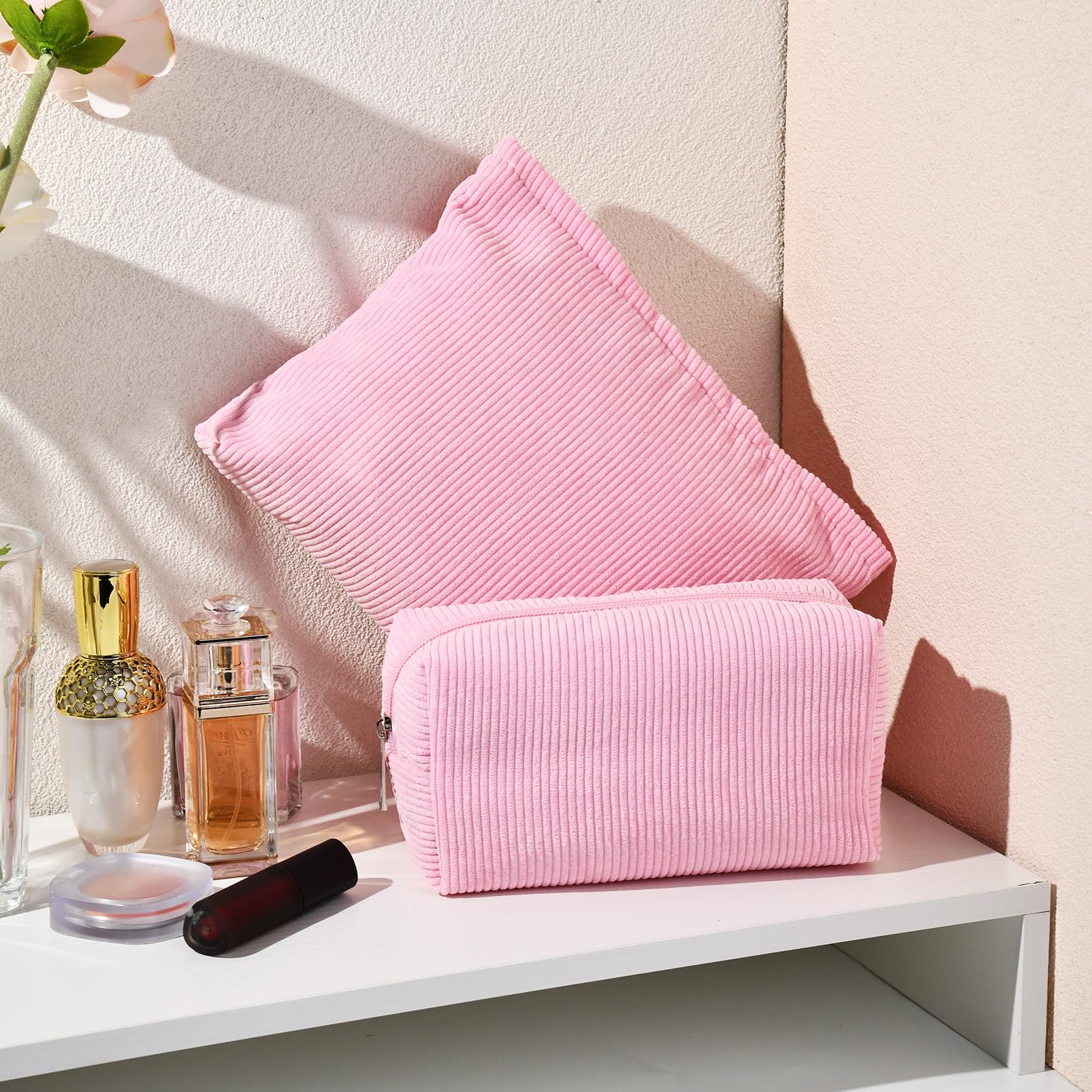 SOIDRAM 2 Pieces Makeup Bag Large Corduroy Cosmetic Bag Capacity Canvas Mix Travel Toiletry Bag Organizer Cute Makeup Brushes Ae