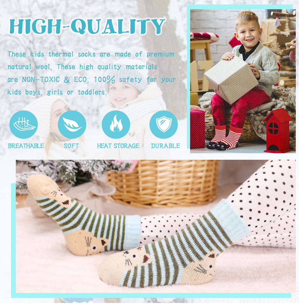 Eocom 6 Pairs Children's Winter Warm Wool Animal Crew Socks Kids Boys Girls Socks(1-3 Years,Cat)
